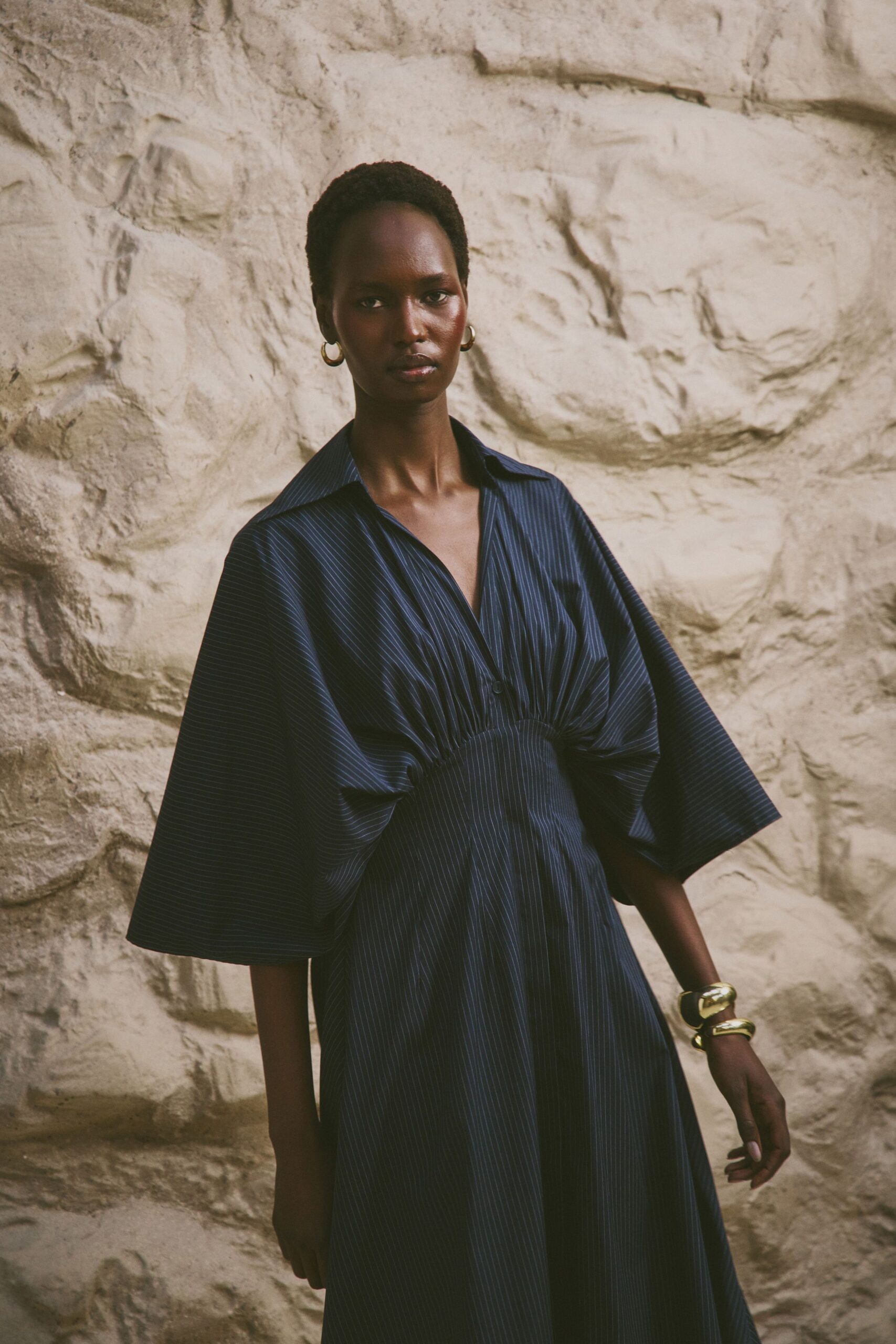 blue pleated midi dress
