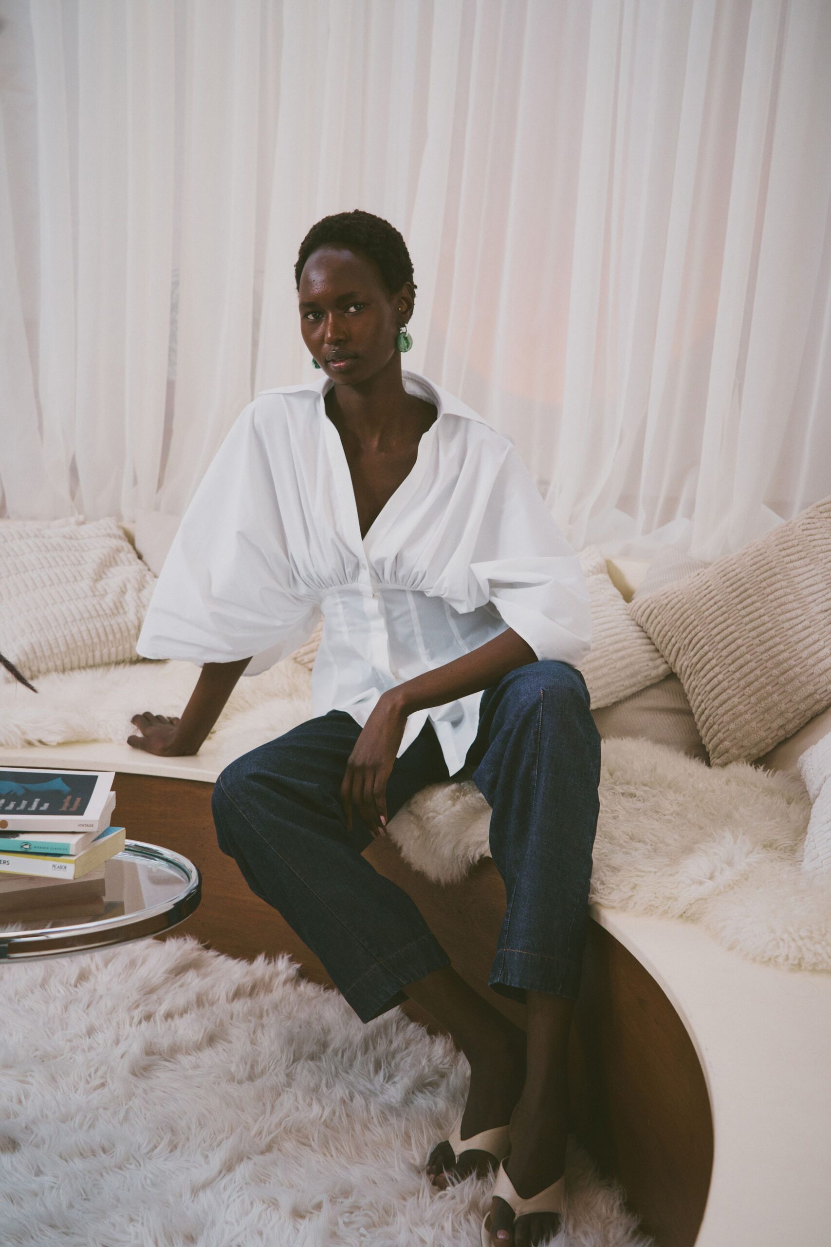 white cotton long-sleeve collared relaxed pleated shirt