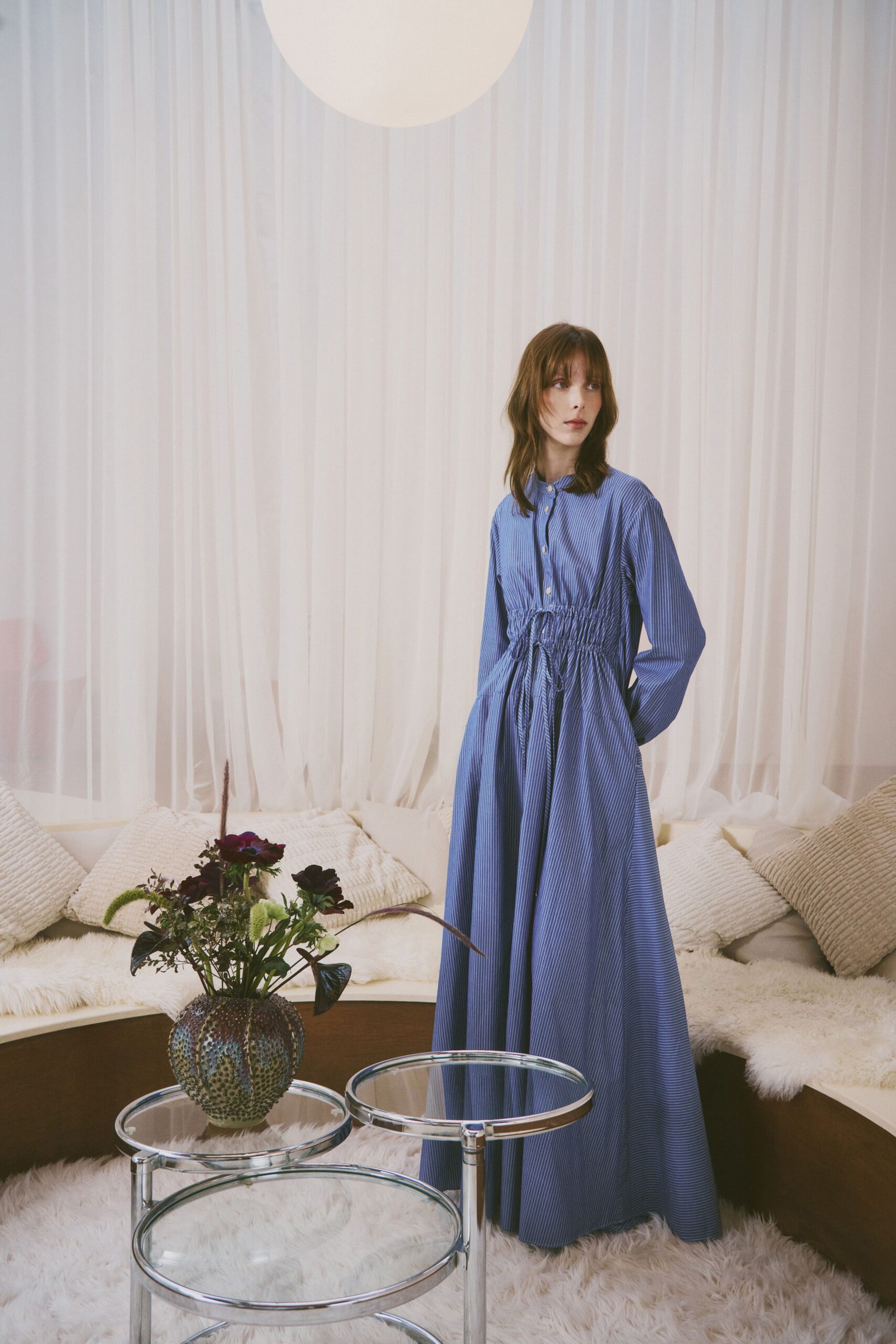 blue cotton long-sleeve dress