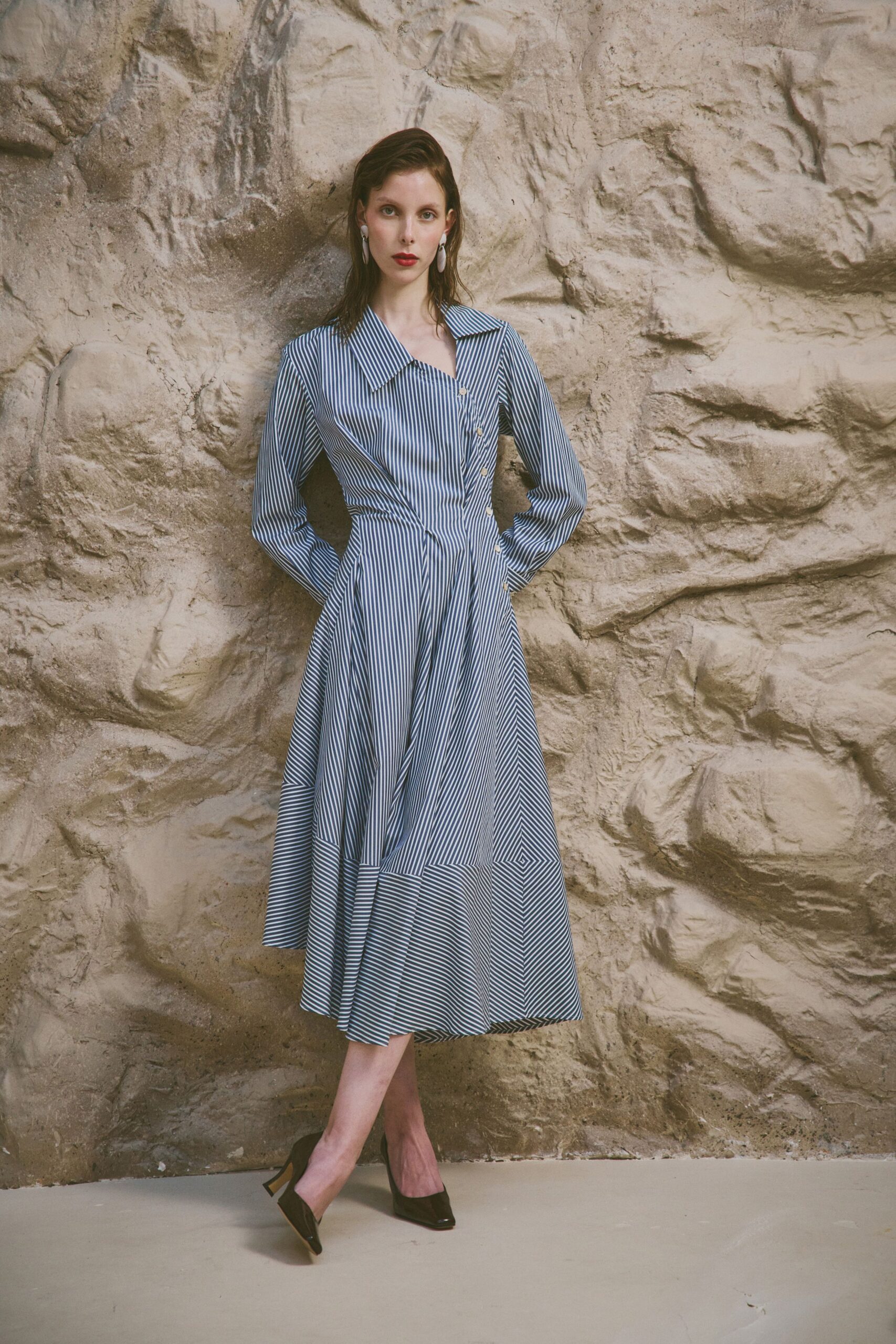 blue cotton long-sleeve collared fitted striped pleated dress