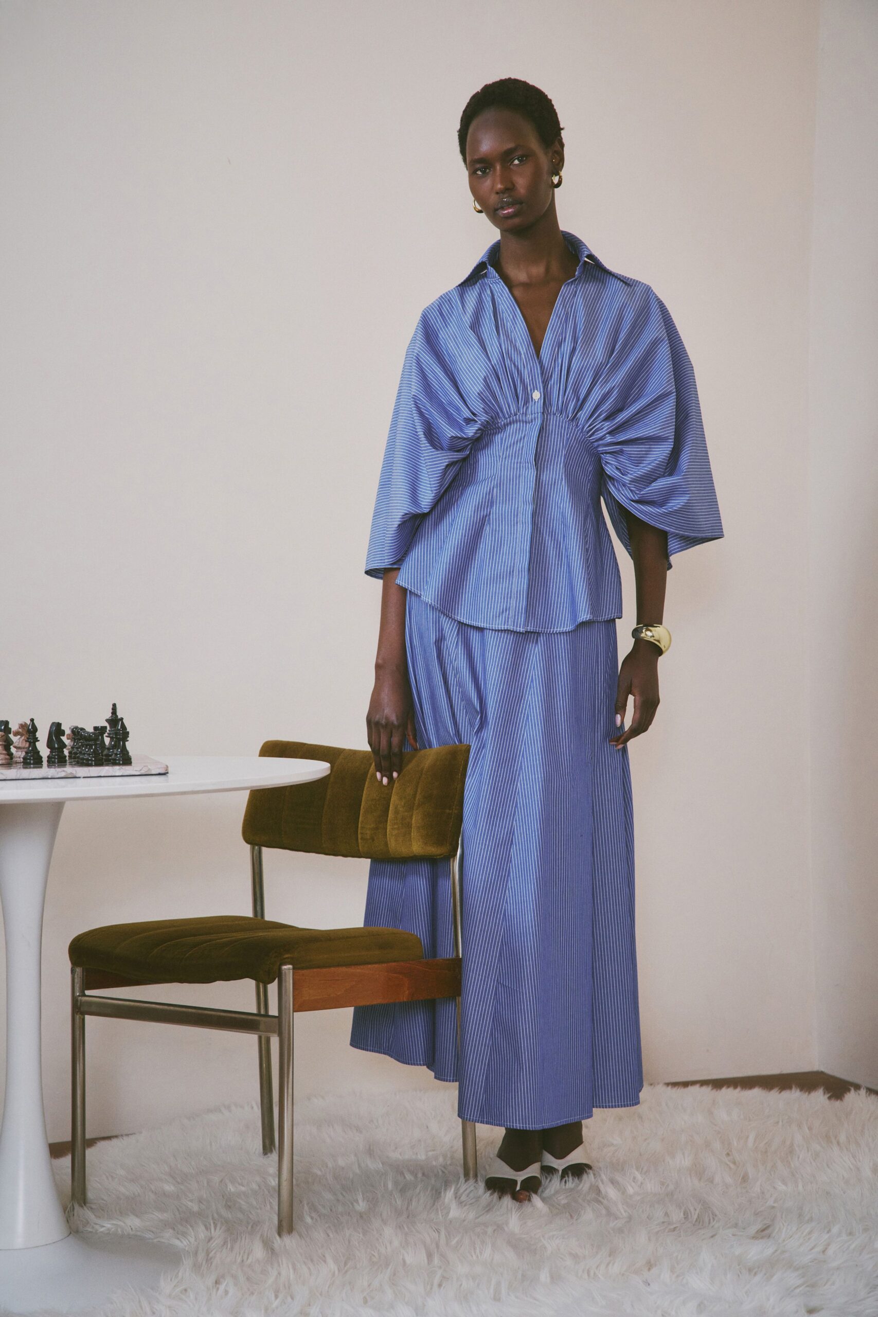 blue cotton fitted straight-leg midi skirt