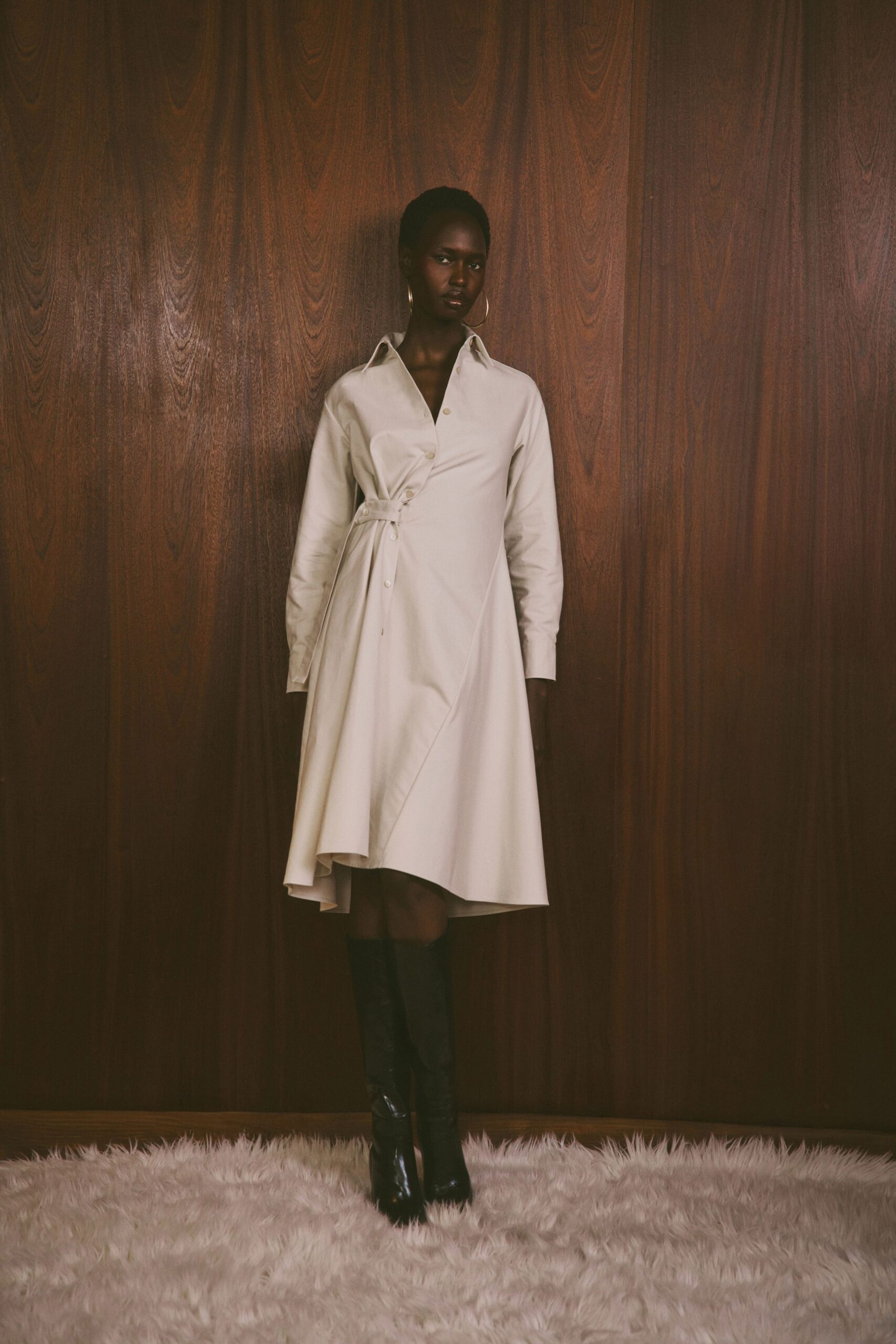 white cotton long-sleeve collared fitted buttoned midi shirt-dress