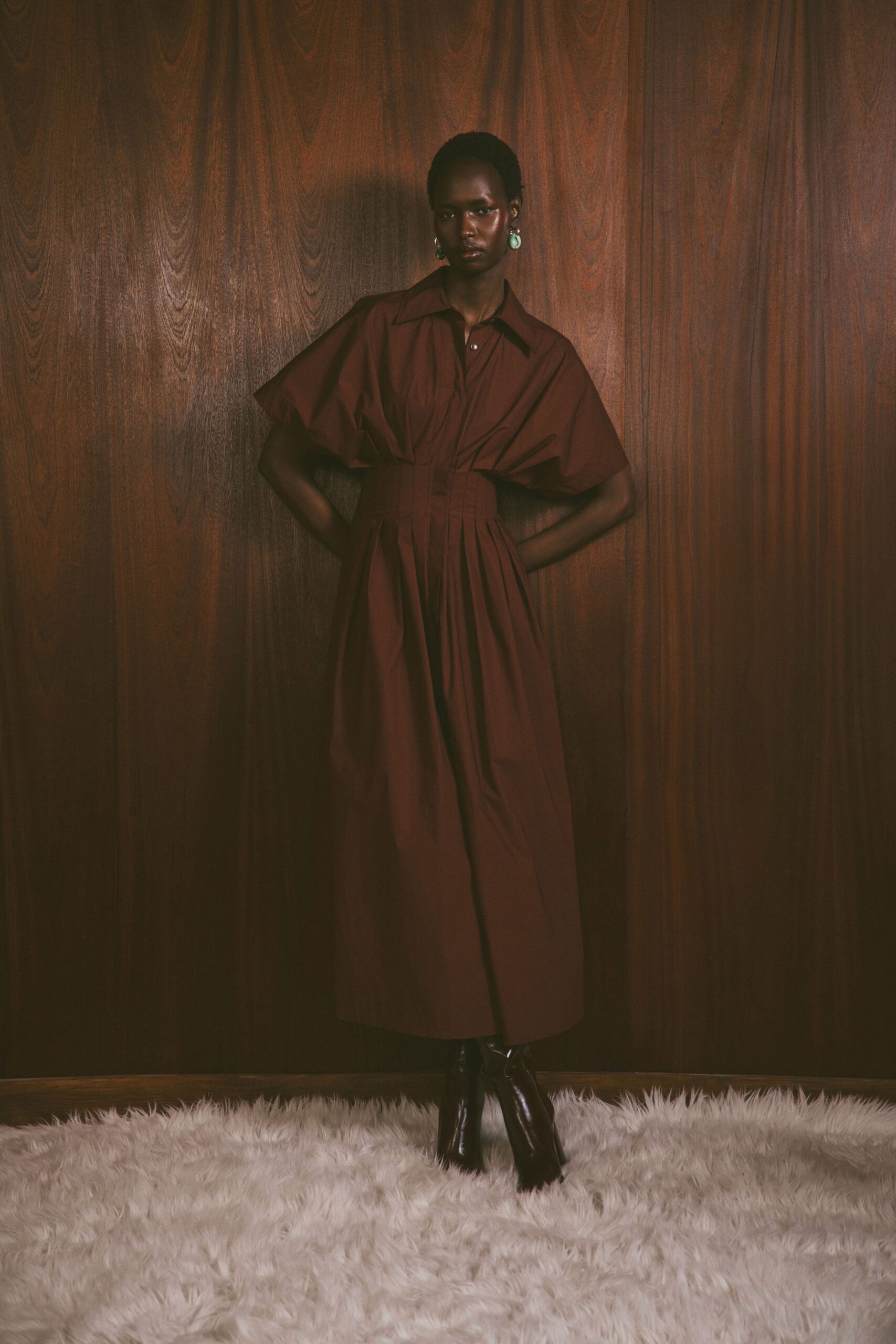 brown cotton short-sleeve collared fitted pleated a-line dress