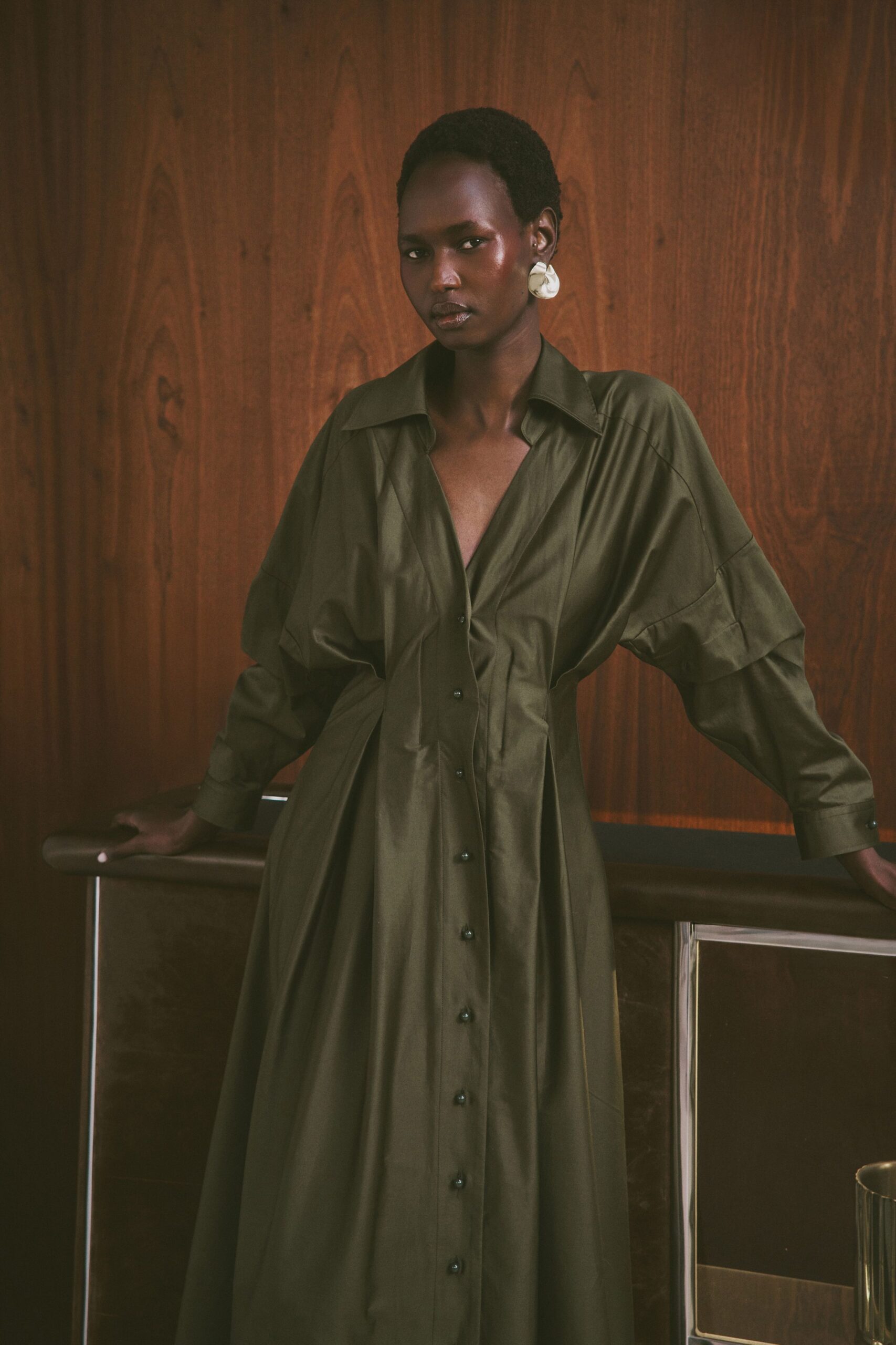 green silk relaxed shirt-dress