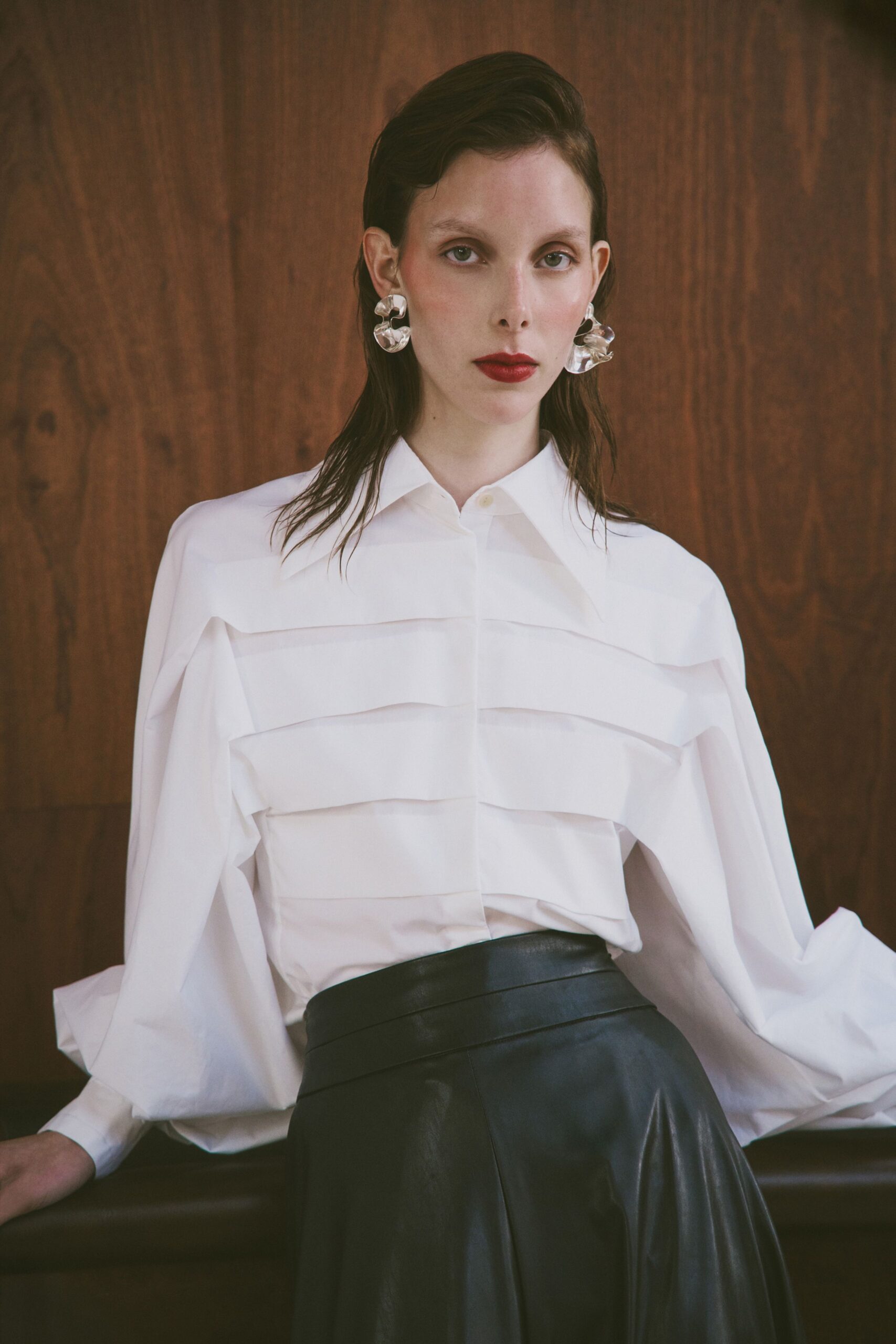 white cotton long-sleeve collared relaxed pleated shirt