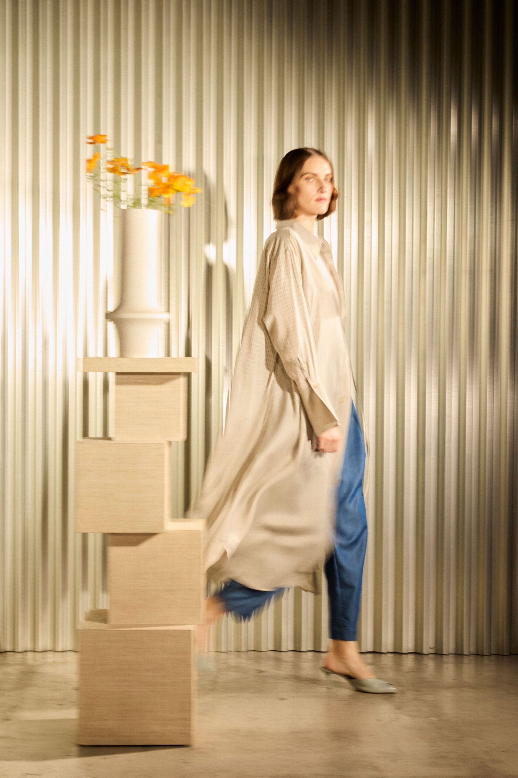 beige silk long-sleeve collared relaxed pleated blouse