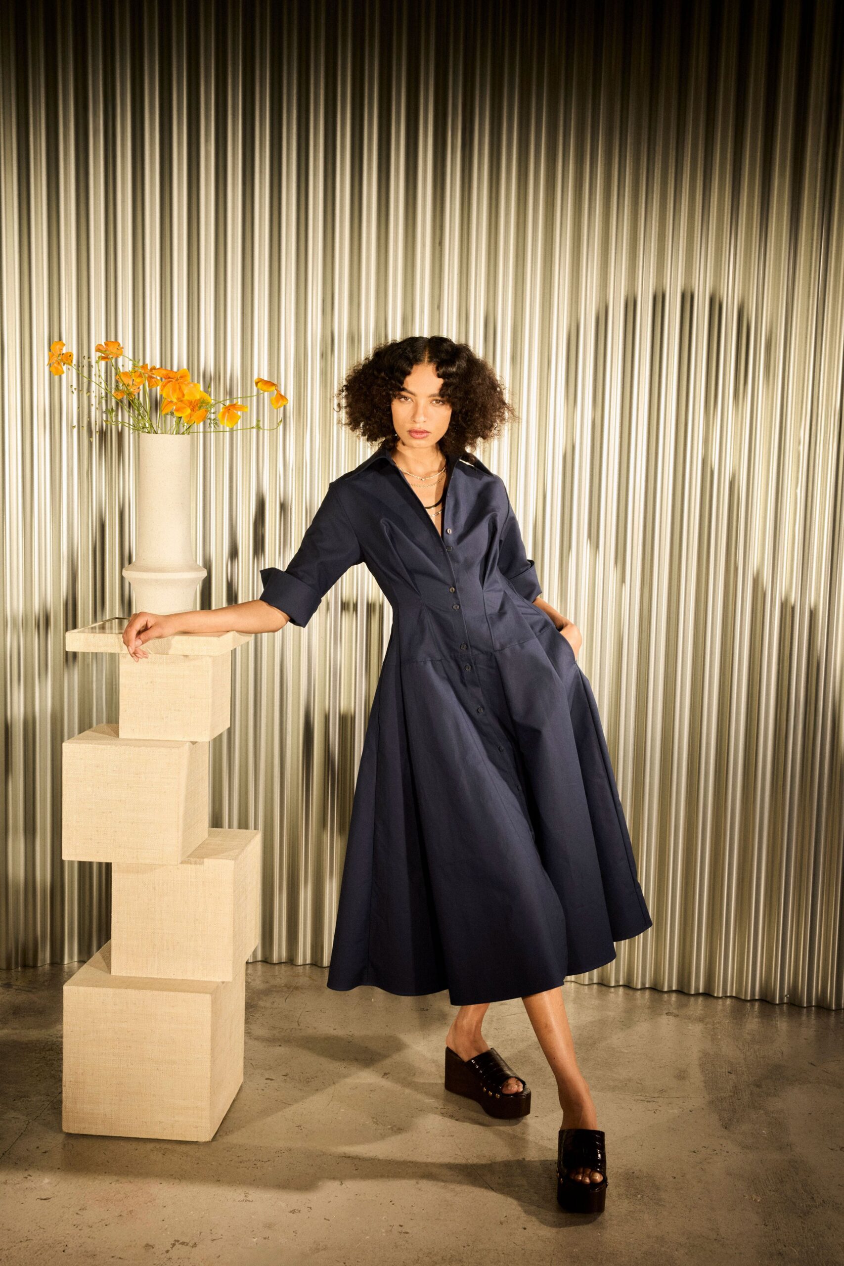 blue cotton long-sleeve collared fitted a-line buttoned shirt-dress