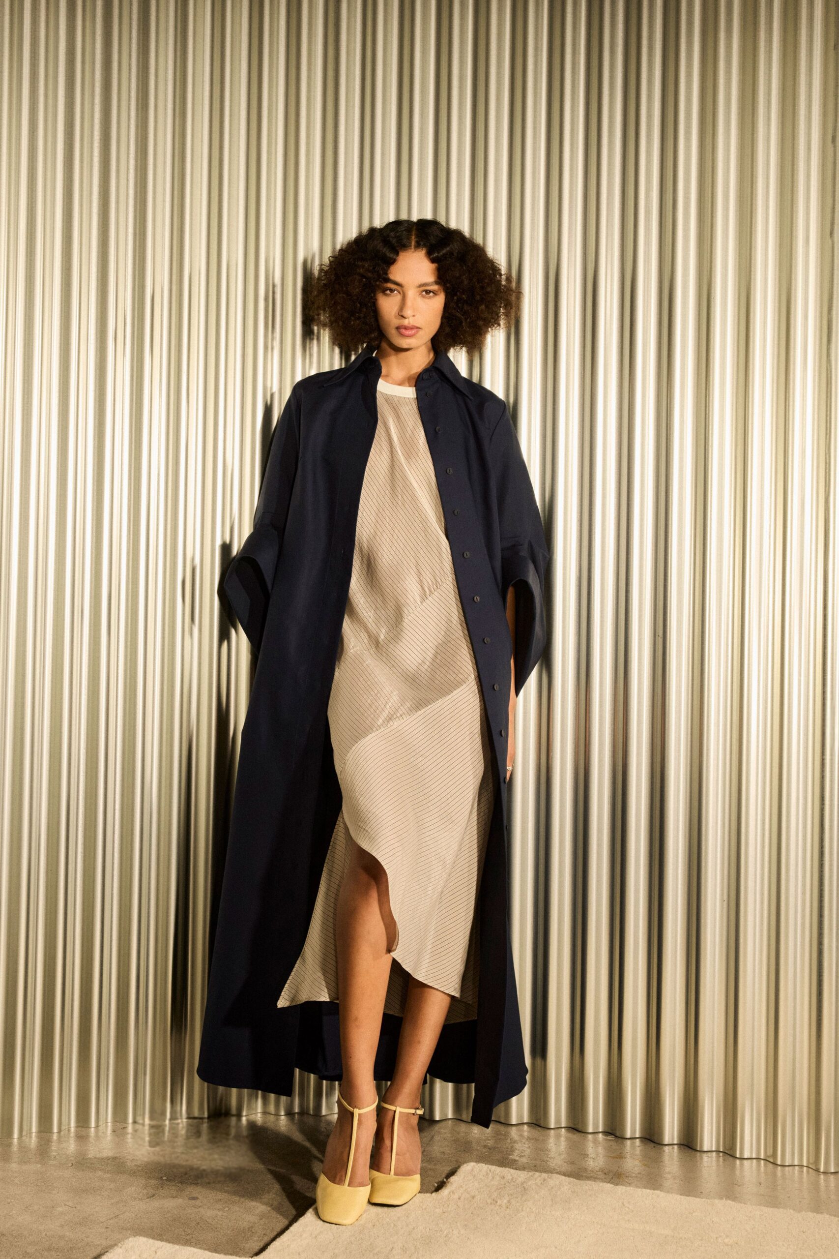 blue cotton long-sleeve collared relaxed buttoned maxi coat