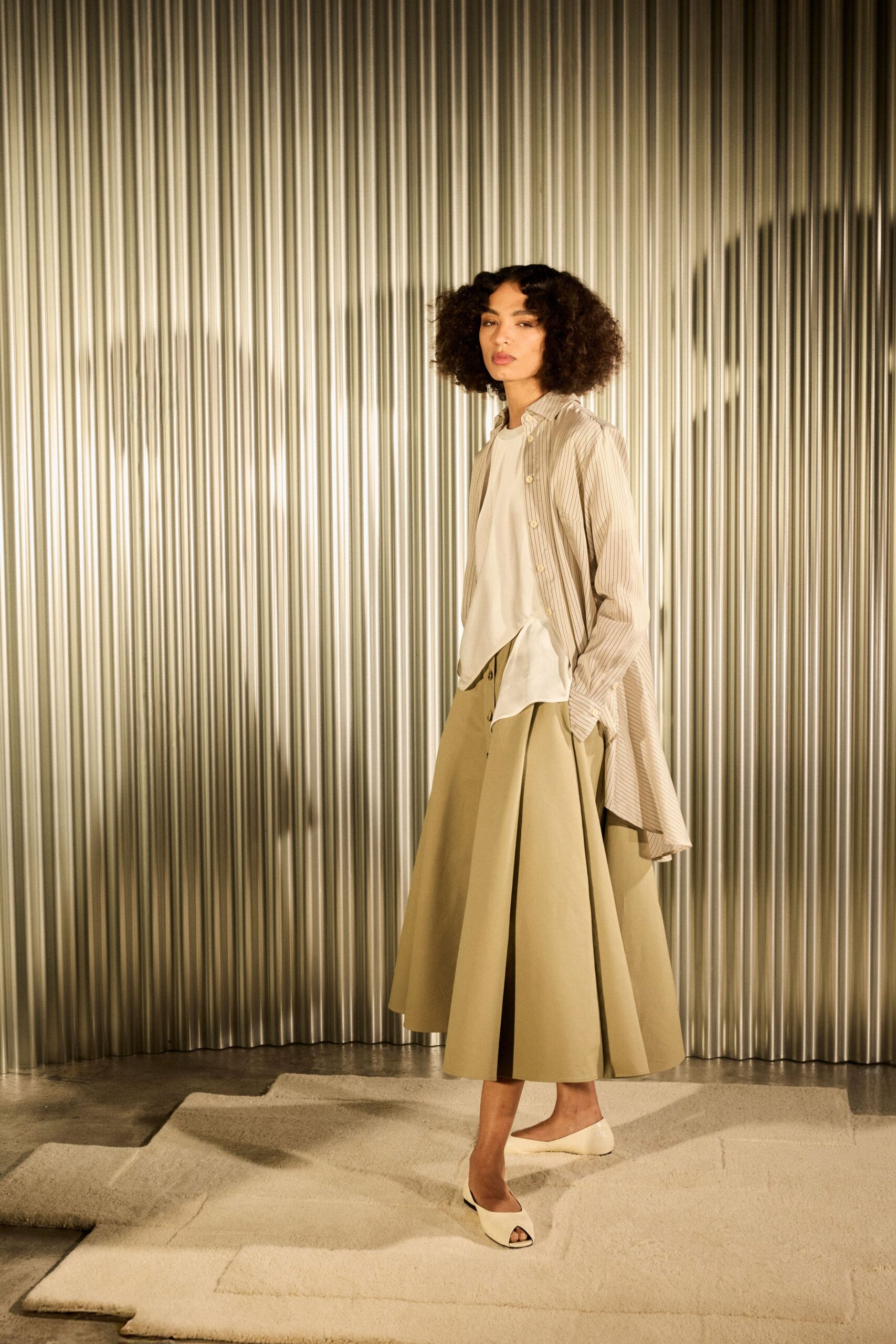 beige cotton fitted high-waisted a-line midi skirt