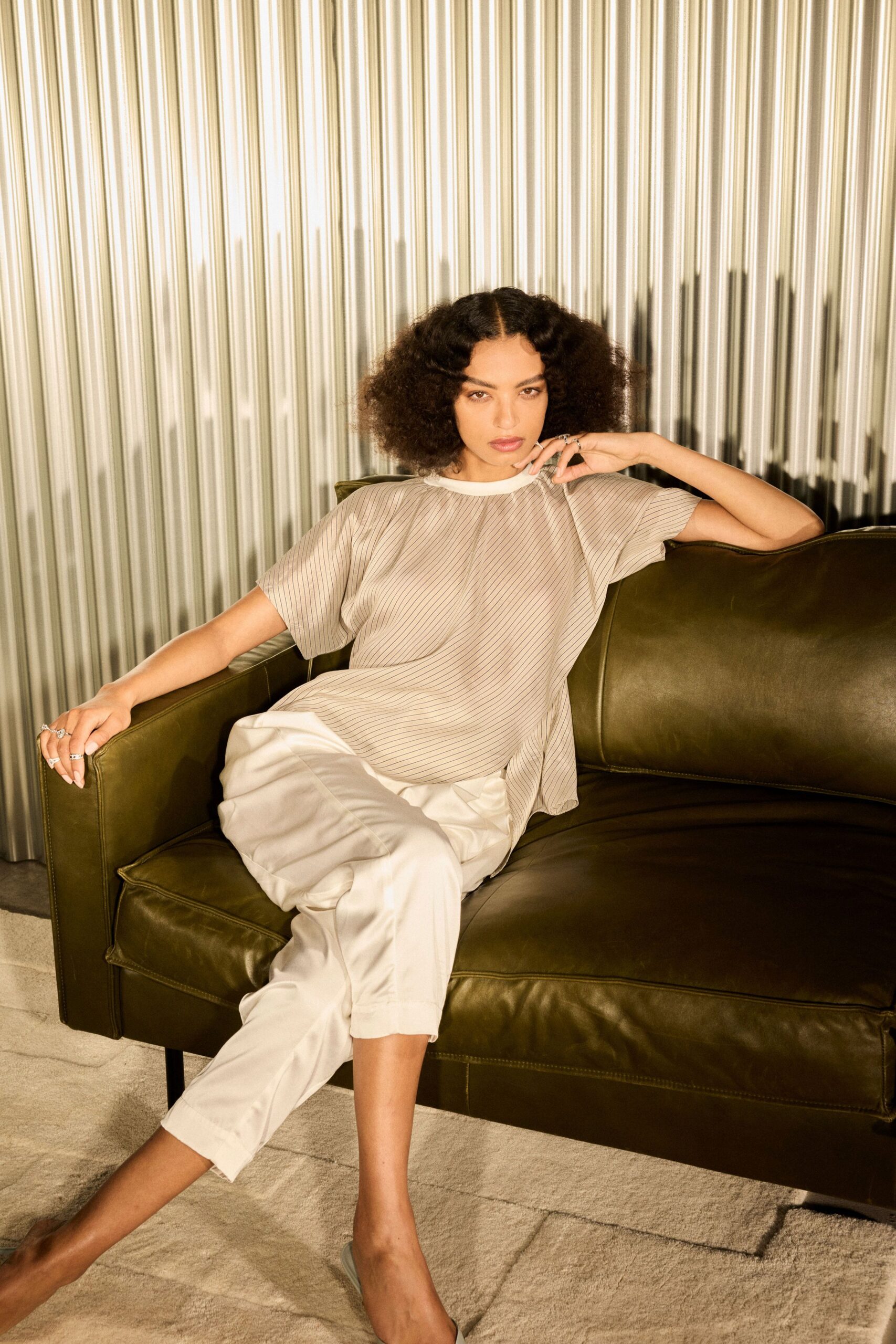 beige silk short-sleeve collared relaxed pleated top
