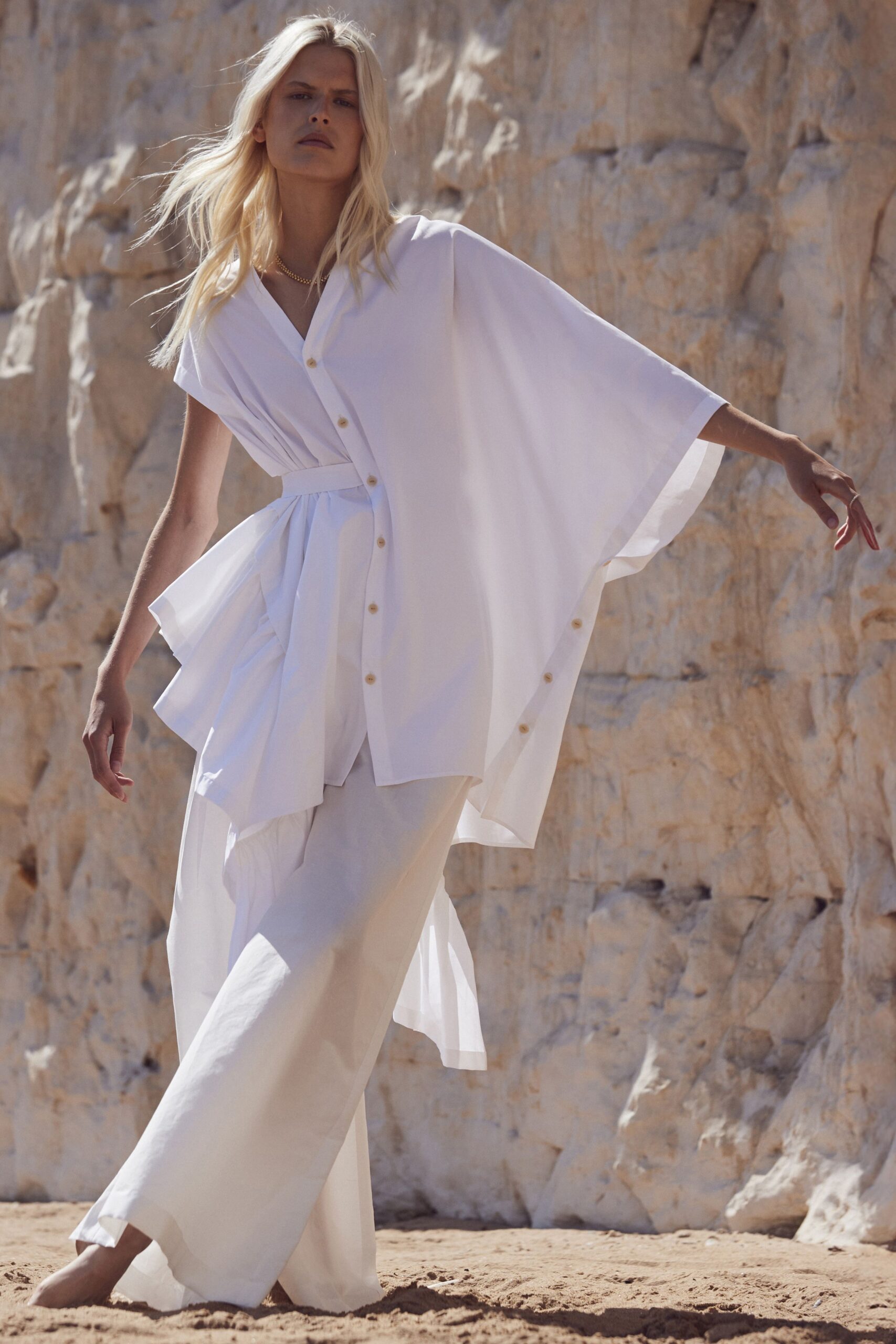 white cotton short-sleeve collared relaxed buttoned top