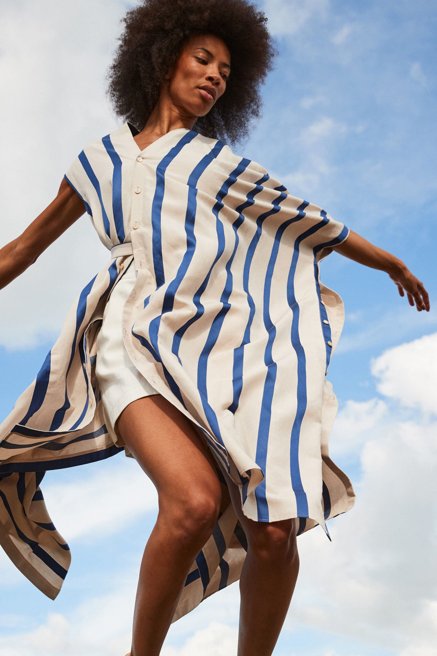 beige and blue striped midi dress