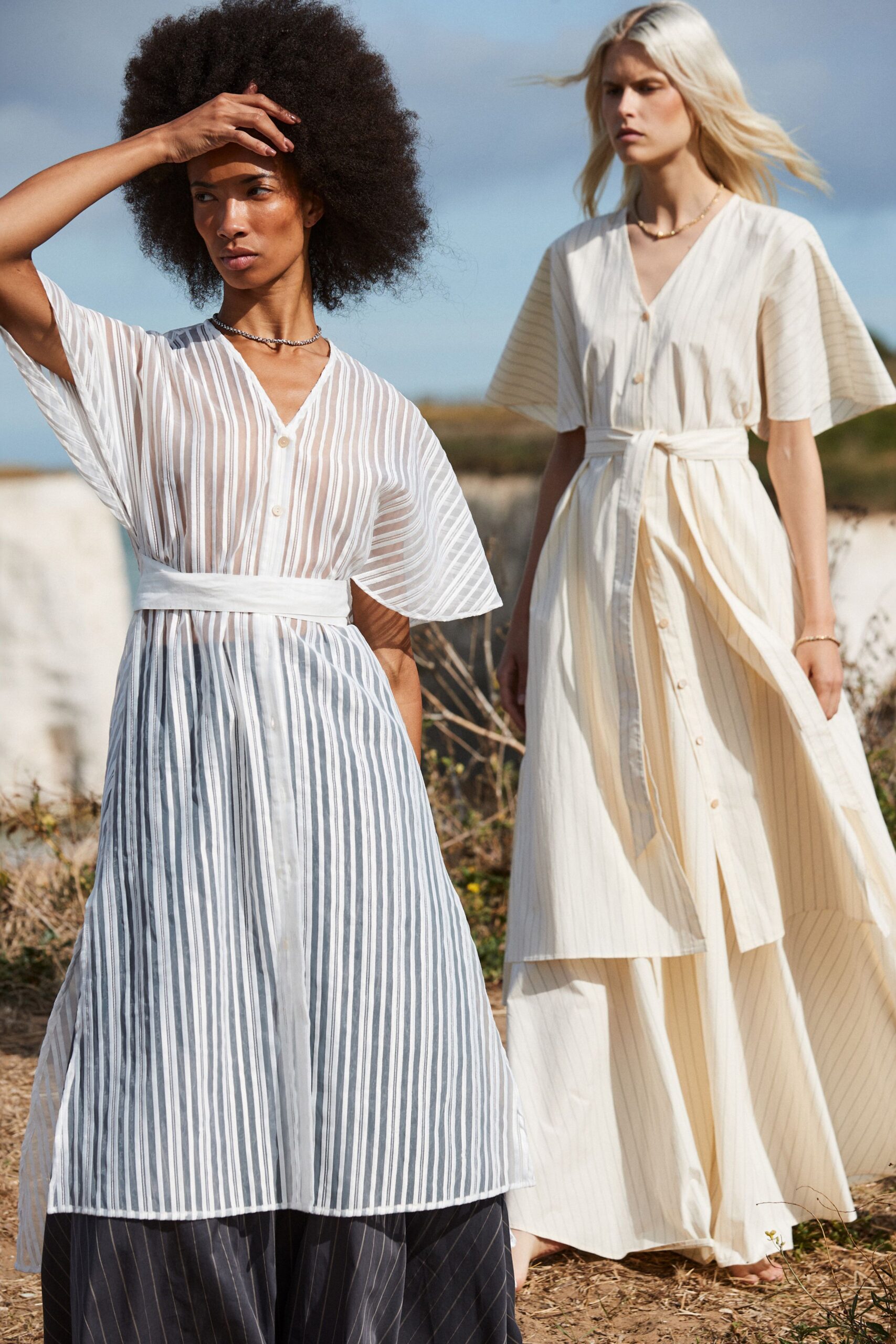 white cotton short-sleeve collared relaxed striped belted dress
