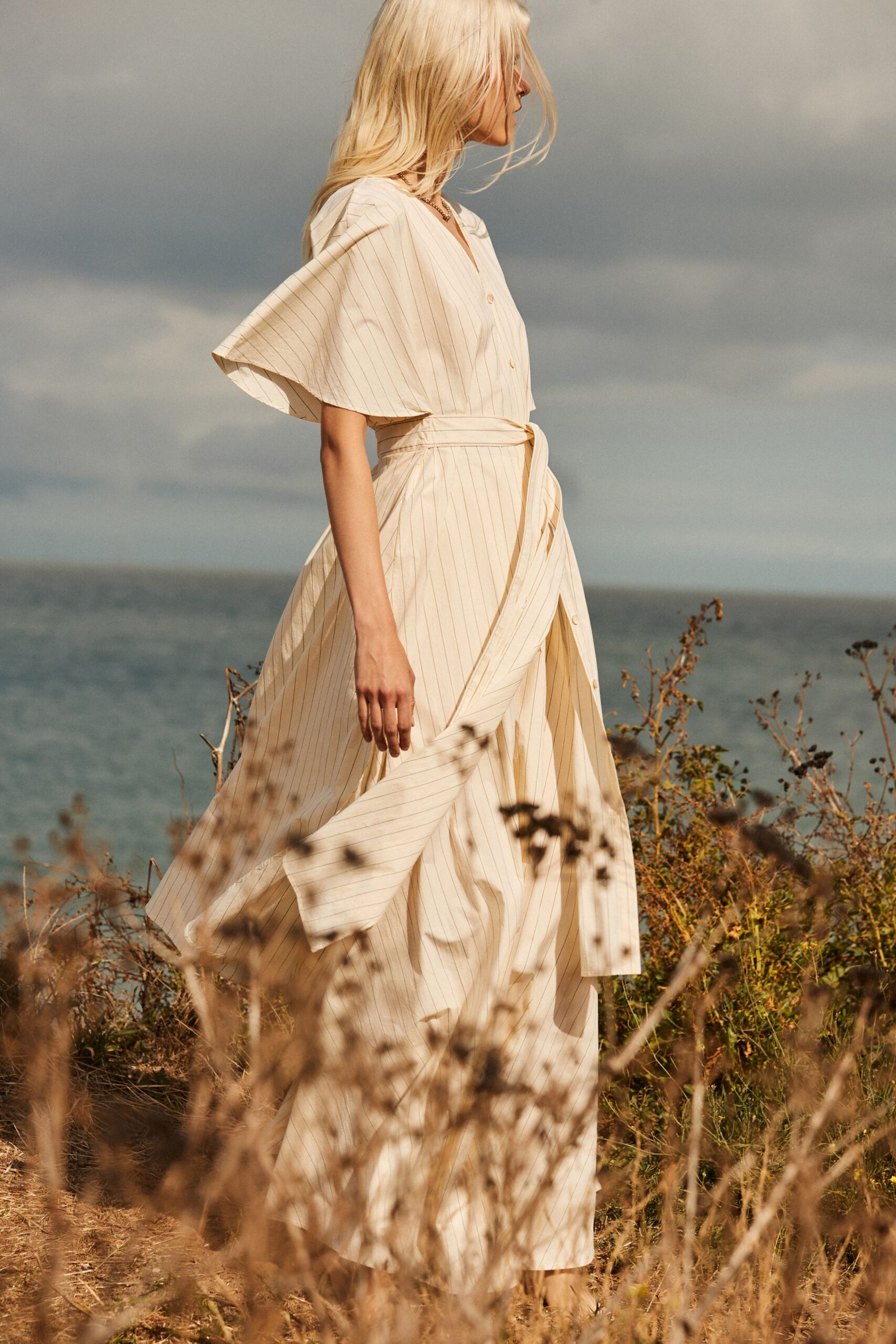 beige striped relaxed maxi dress