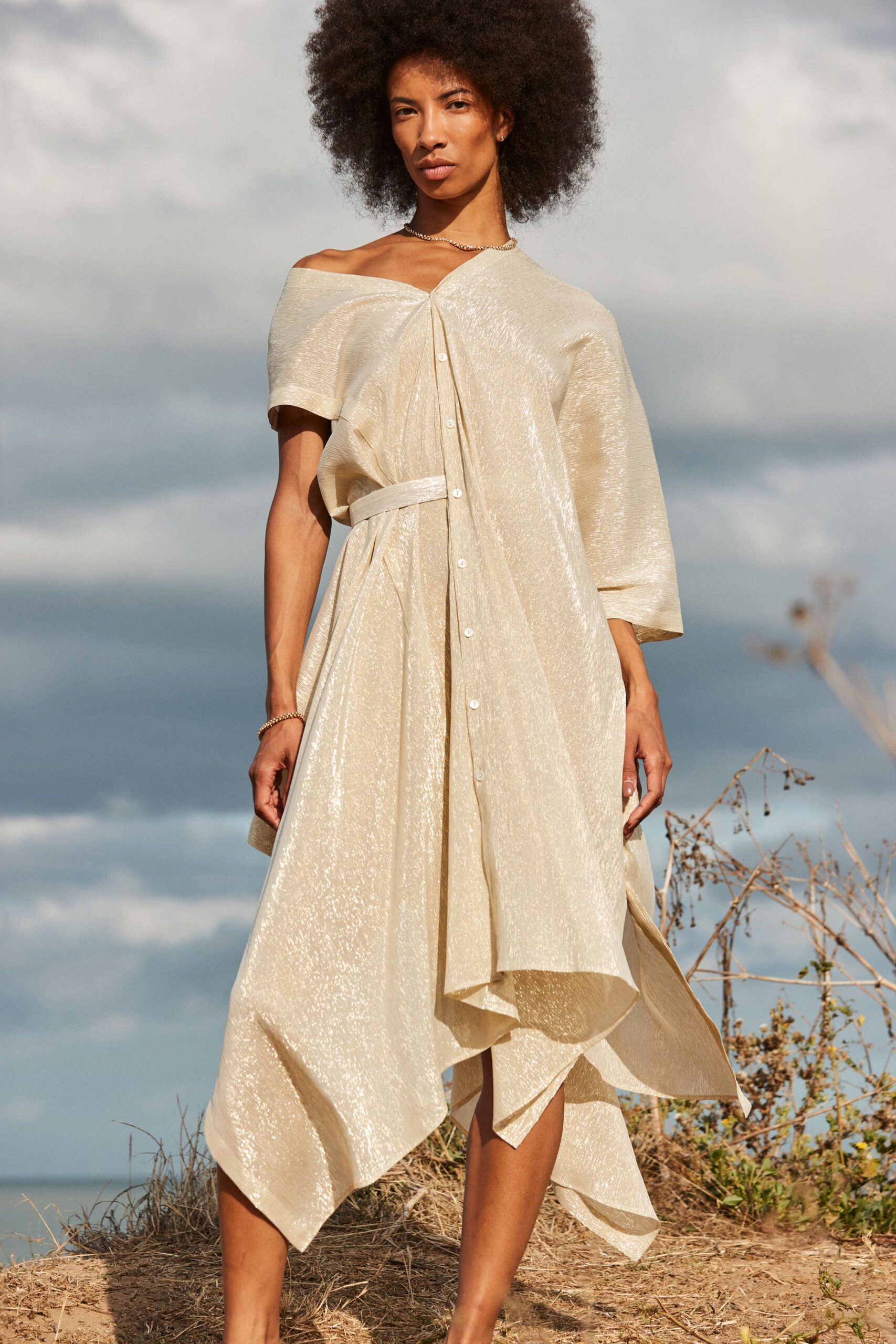 beige silk off-shoulder dress