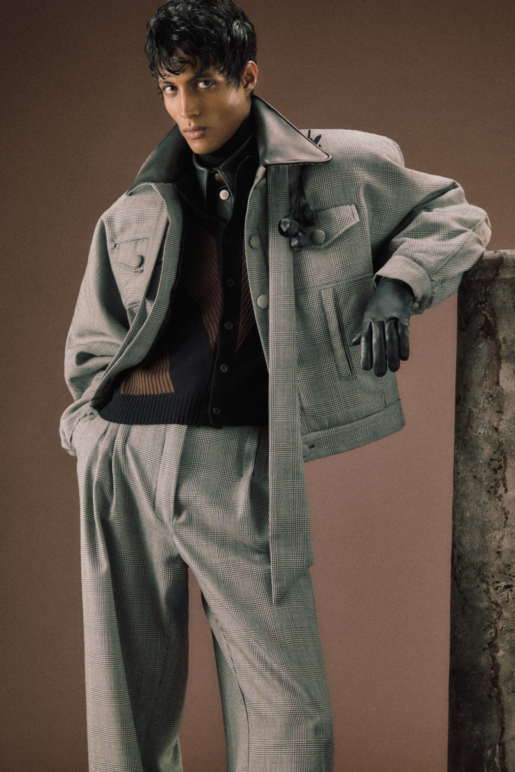 gray wool jacket with black shirt