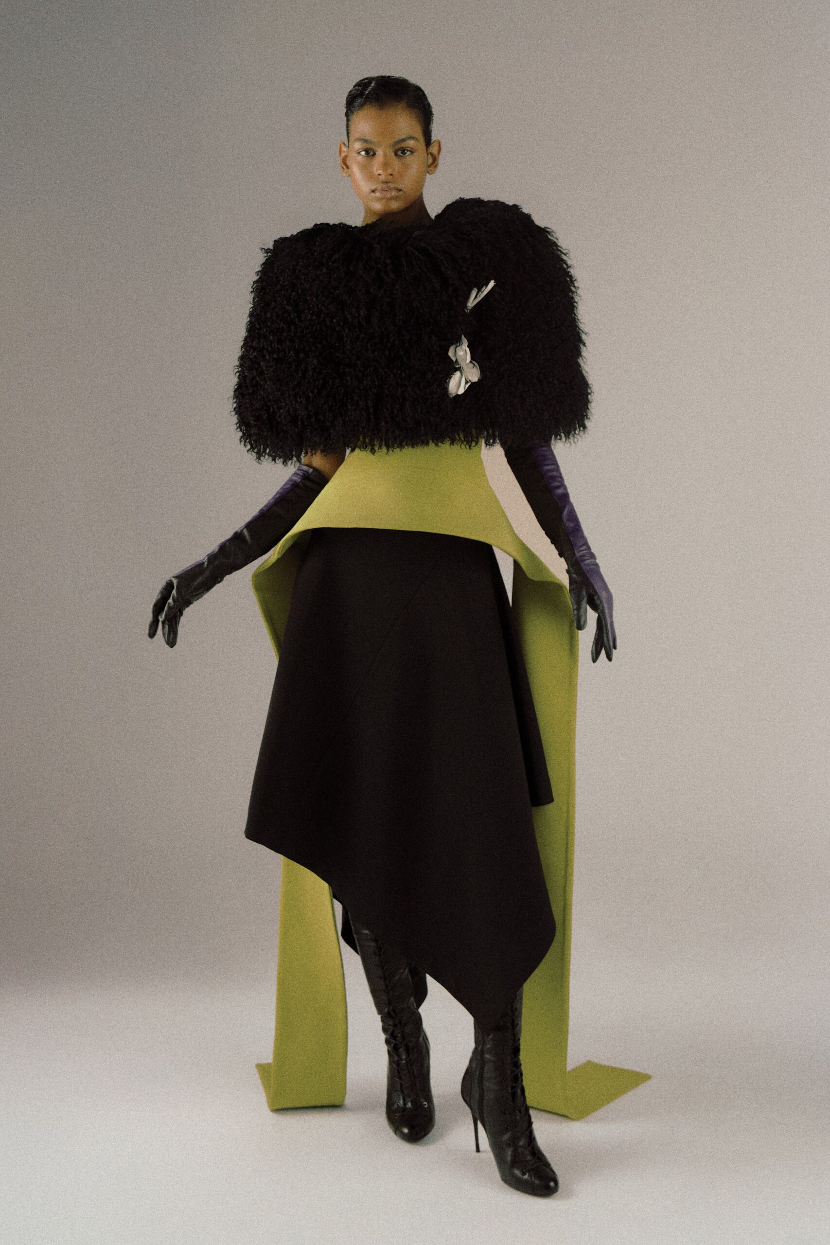 black fur cape with asymmetric skirt
