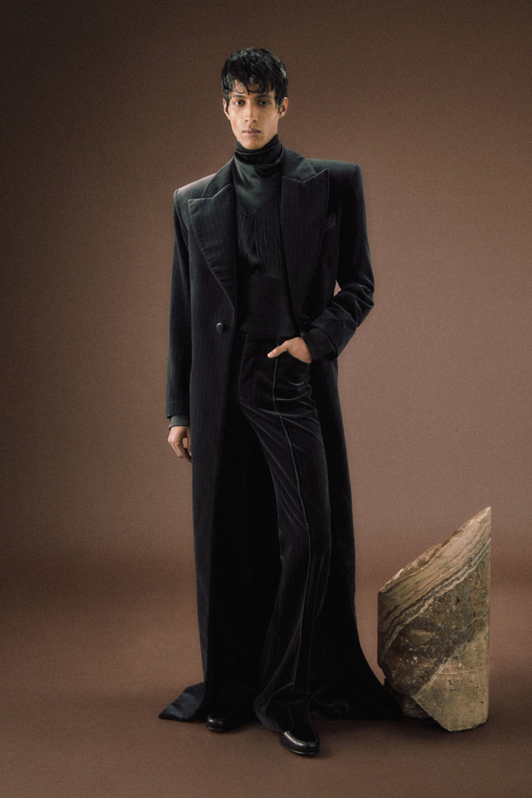 black velvet coat with tailored pants