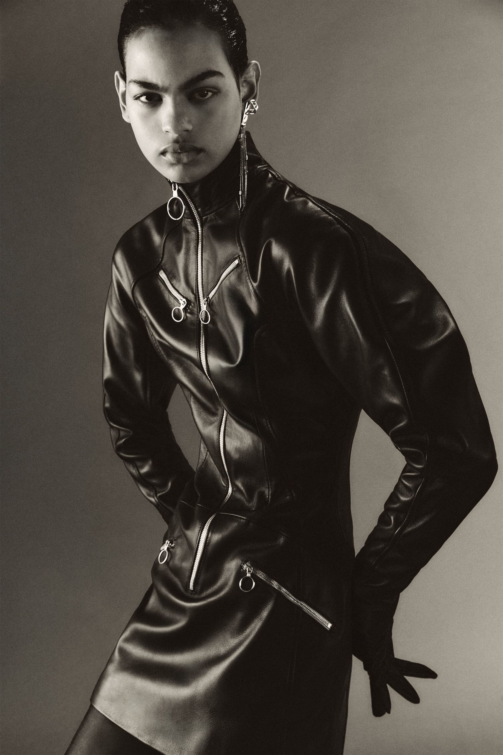 black leather fitted dress and gloves
