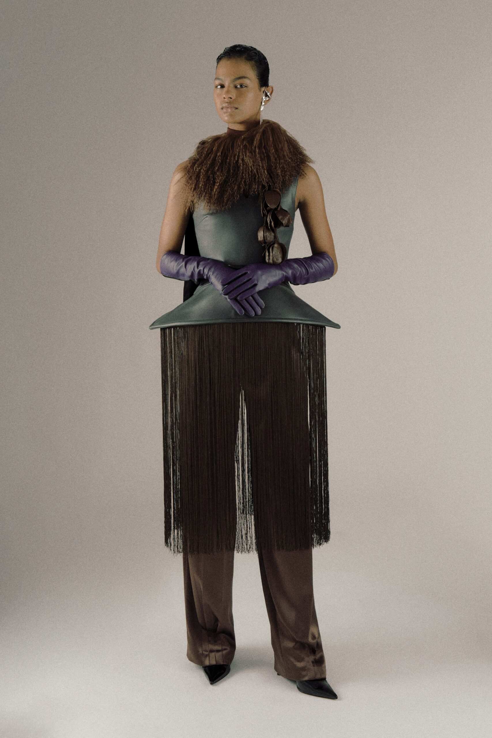 green silk sleeveless top with fringes
