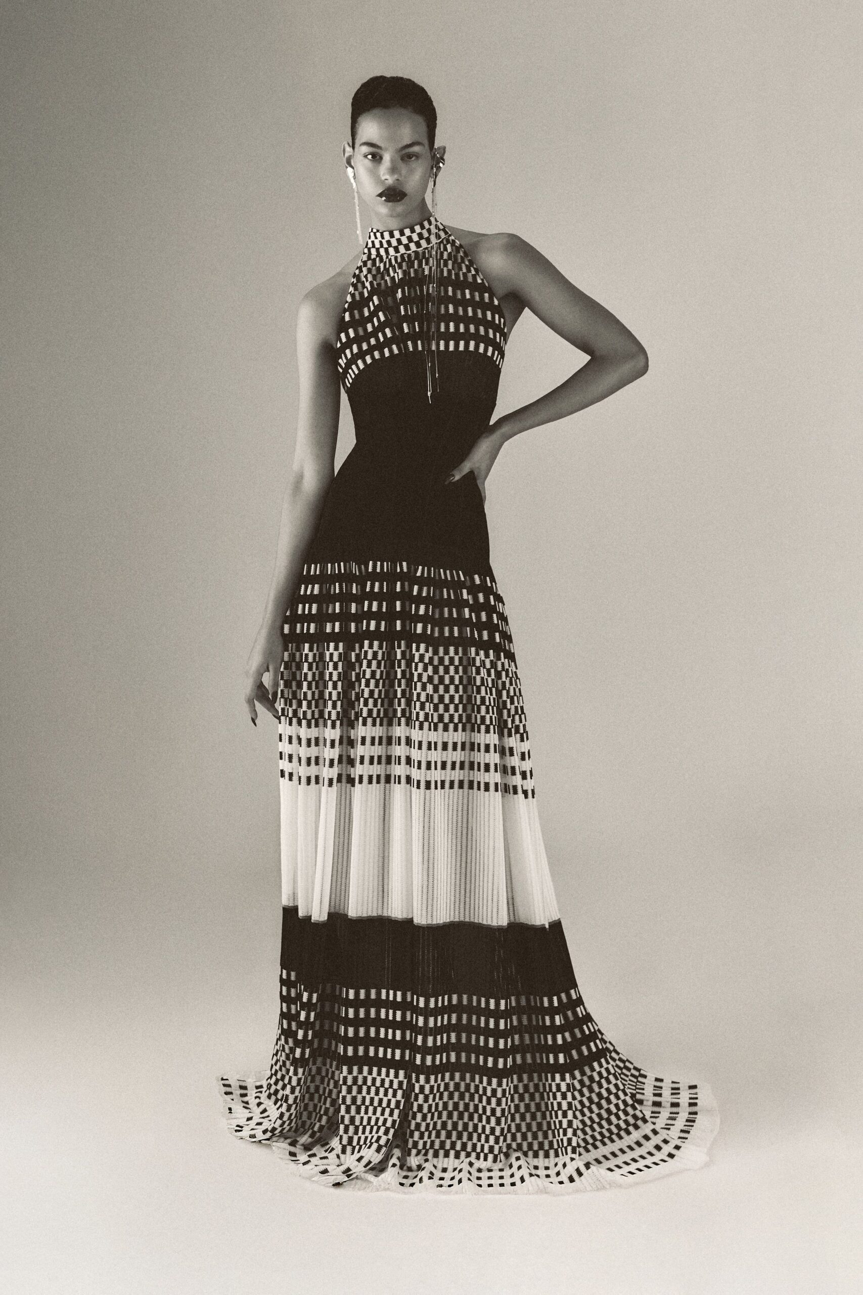 black and white pleated gown