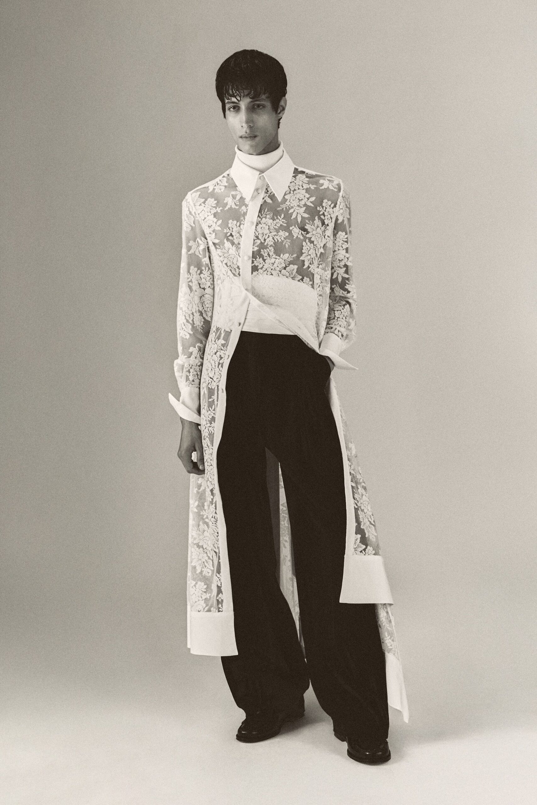 white lace shirt black pants