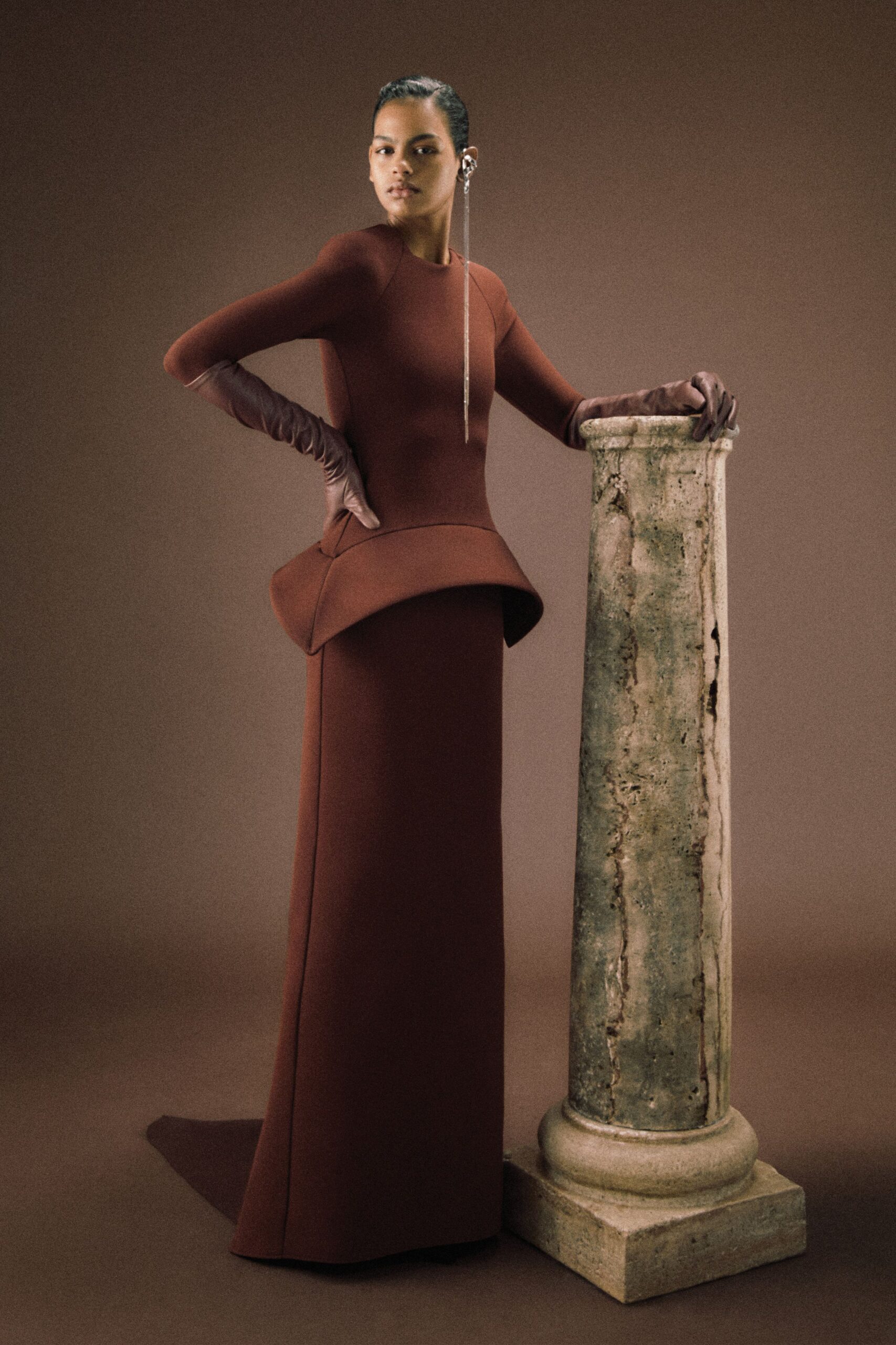 brown neoprene fitted gown with gloves