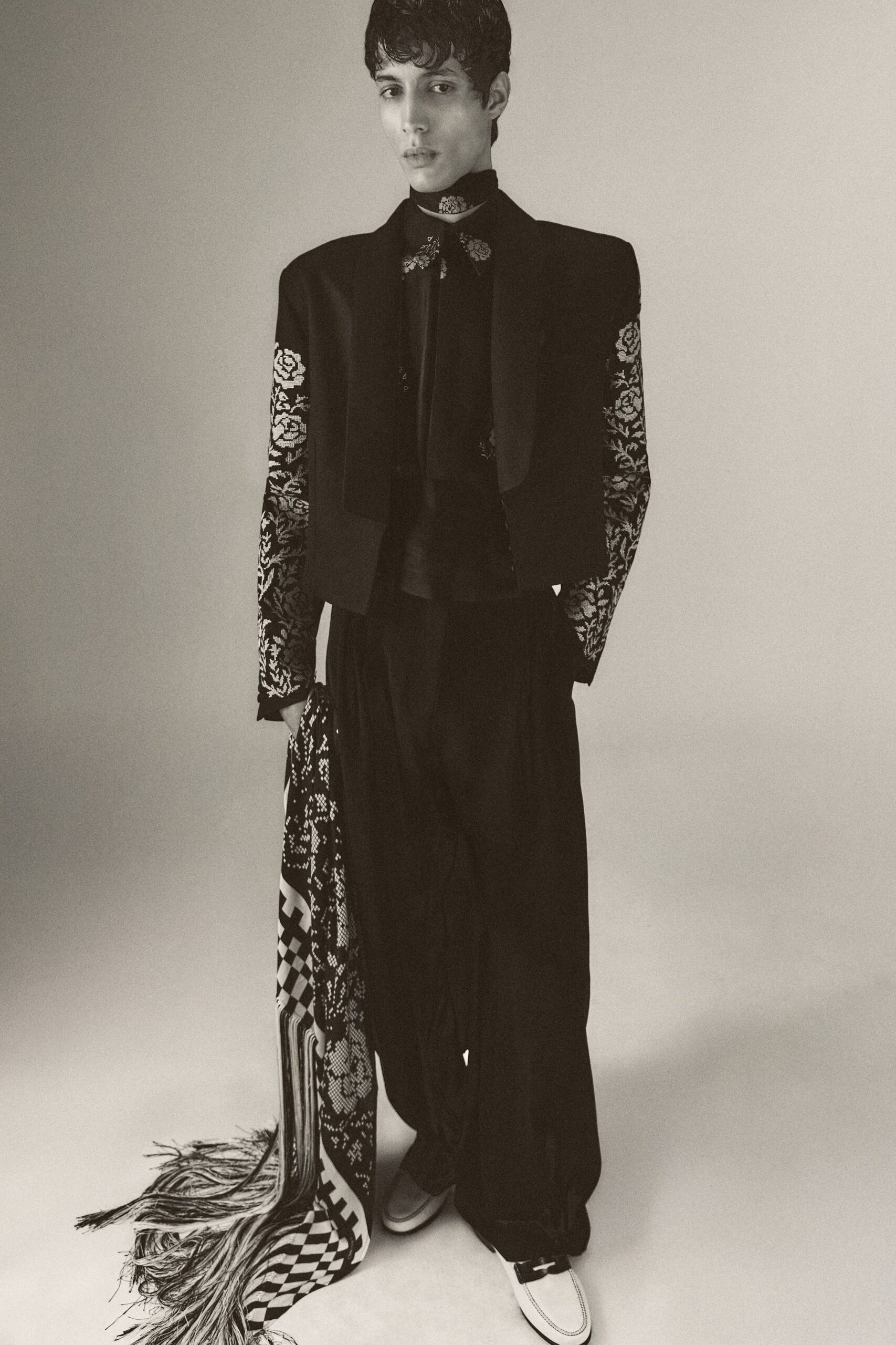 black silk jacket with embroidered details