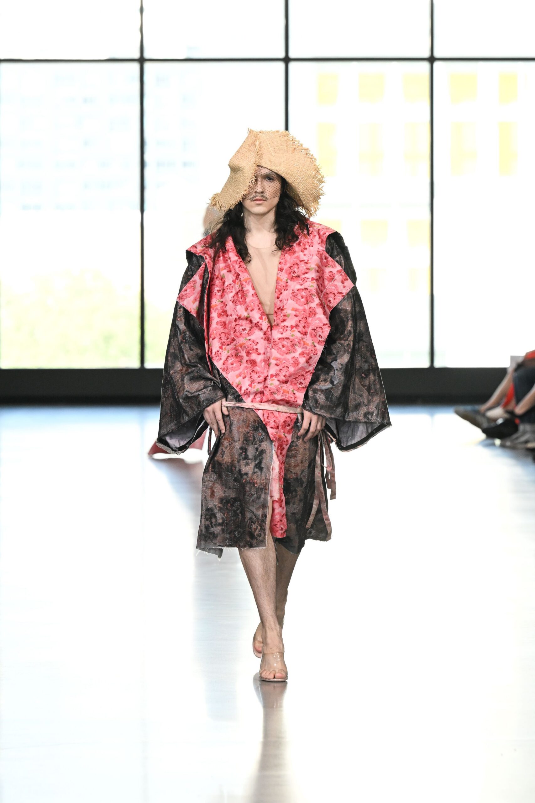 pink silk long-sleeve v-neck relaxed floral layered dress
