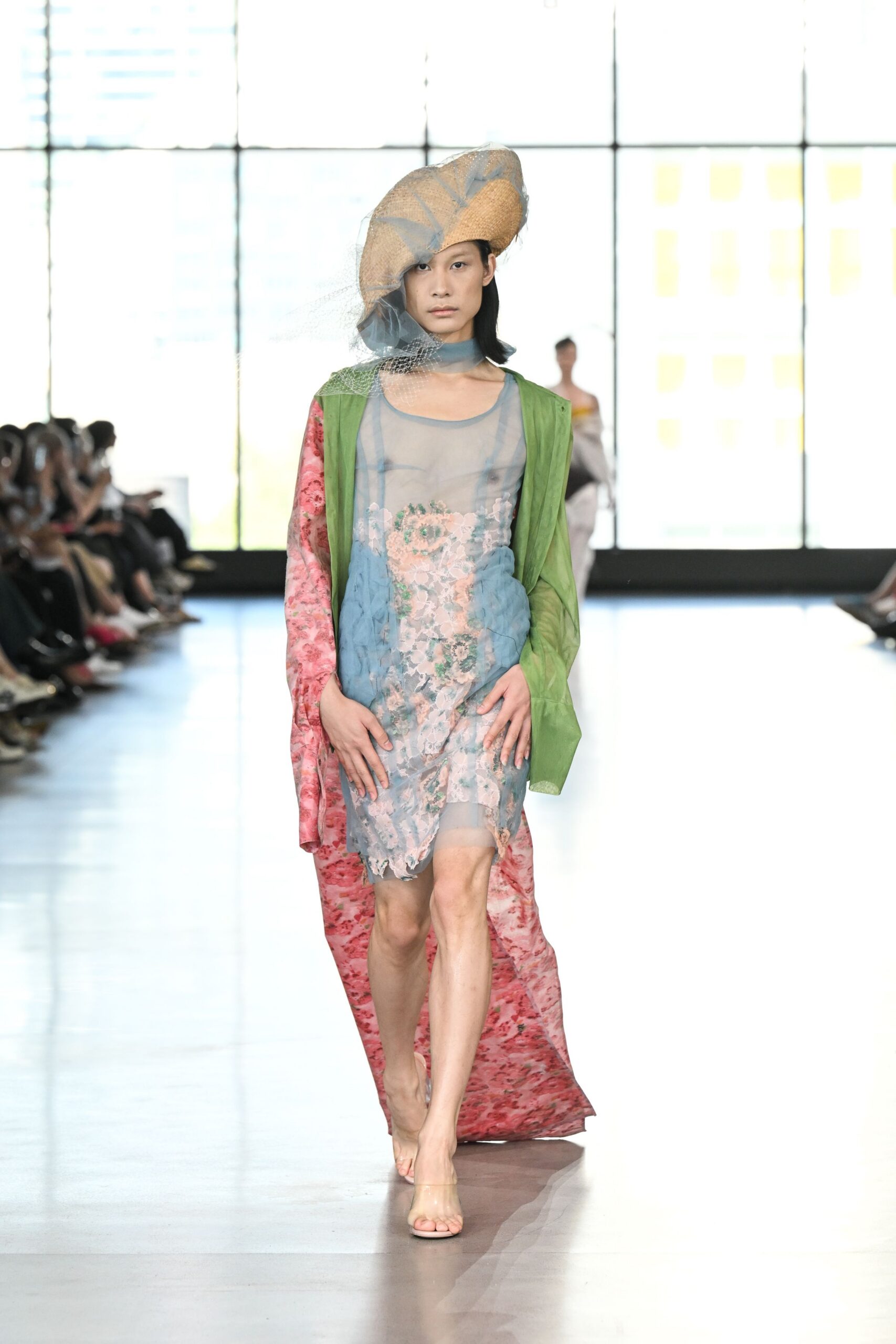 blue silk sleeveless v-neck fitted floral layered dress