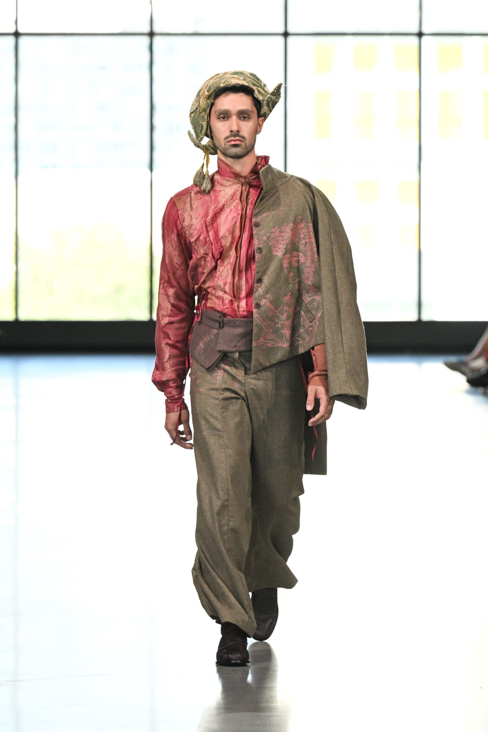 red silk long-sleeve collared fitted embroidered shirt