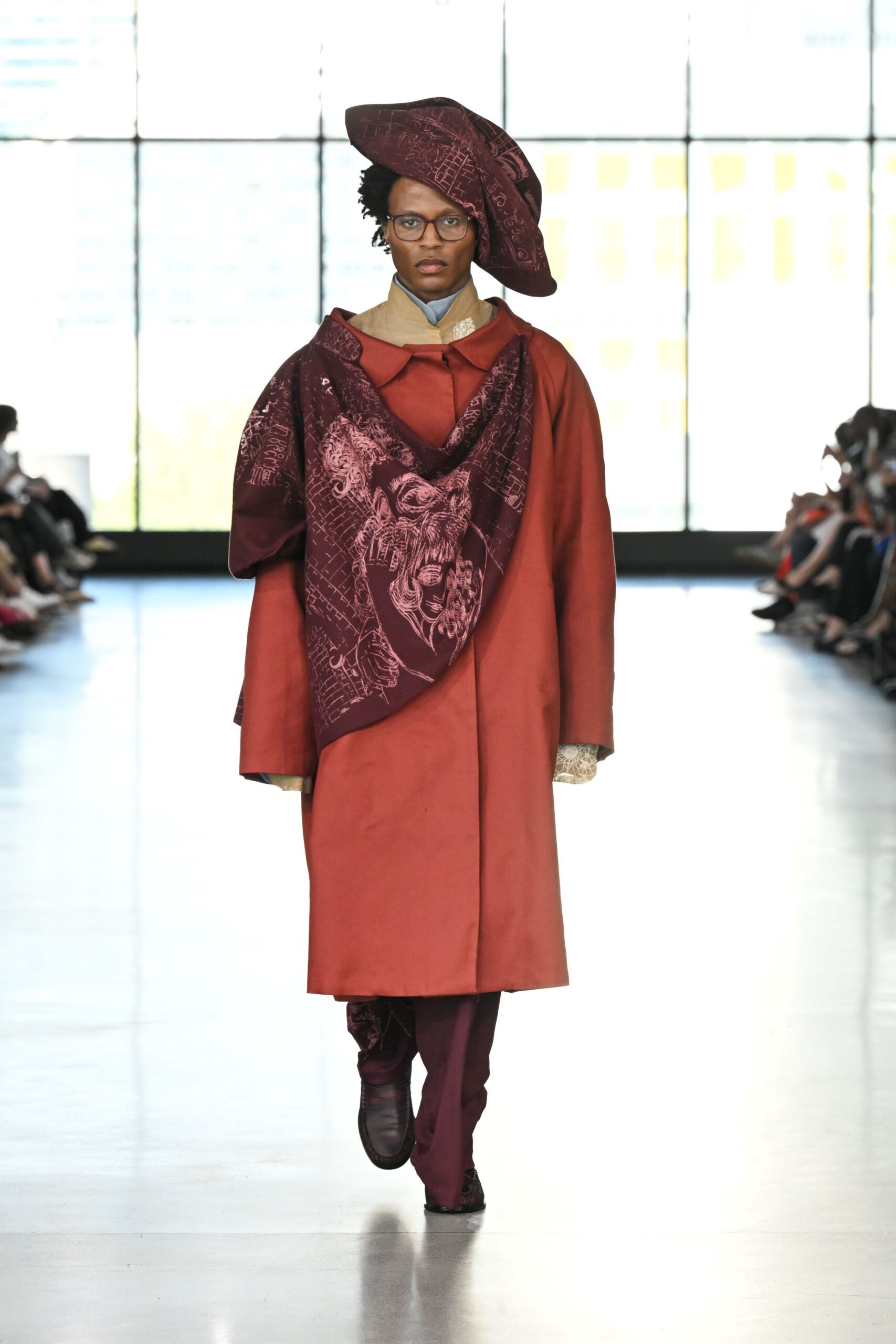 red cotton long-sleeve collared relaxed layered coat