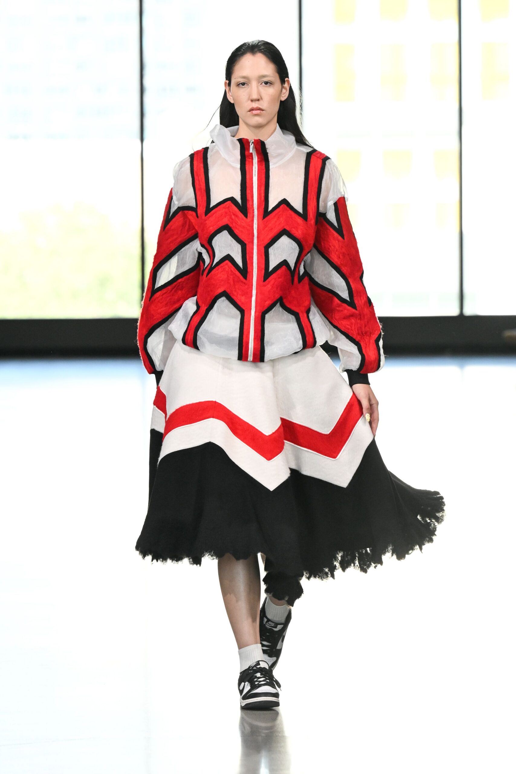 white cotton long-sleeve collared fitted pleated layered dress
