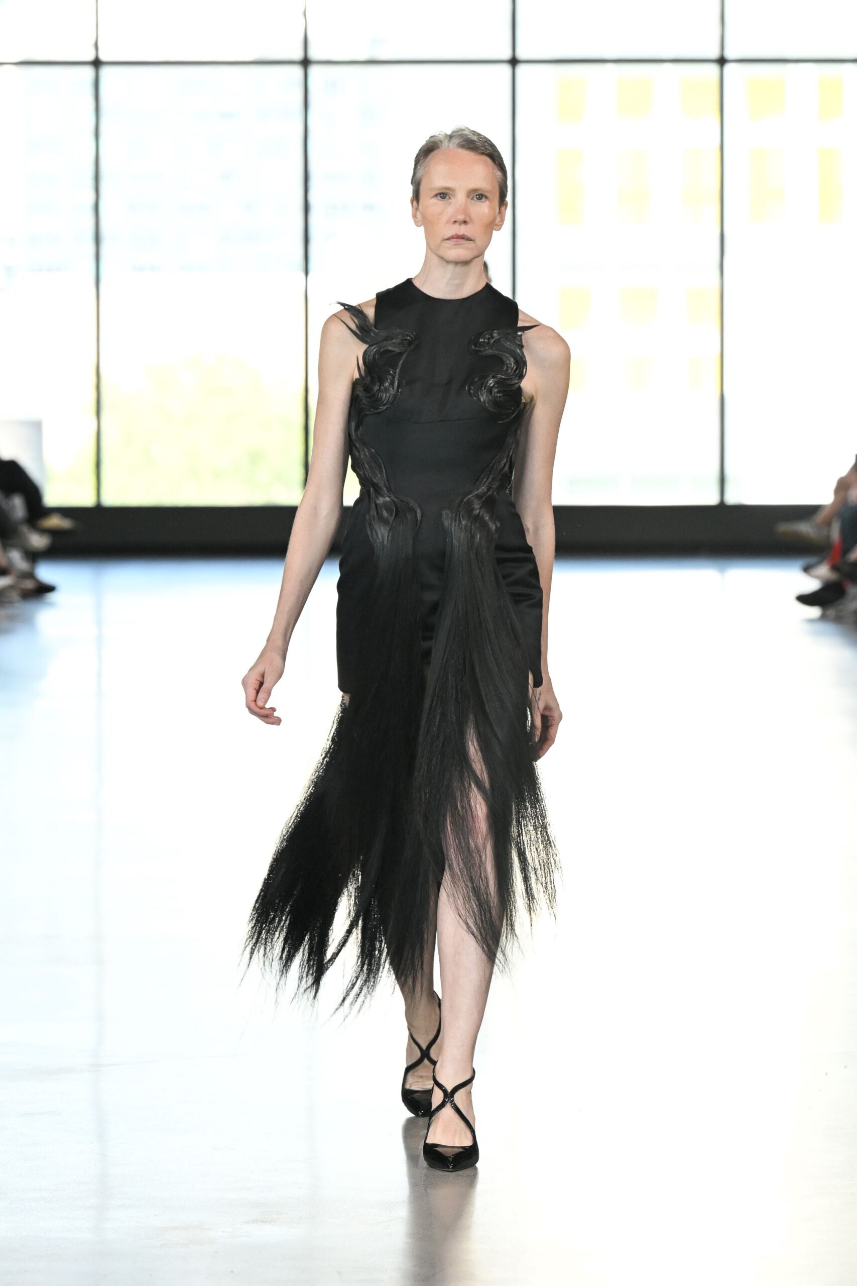 black silk sleeveless high-neck fitted draped tiered dress