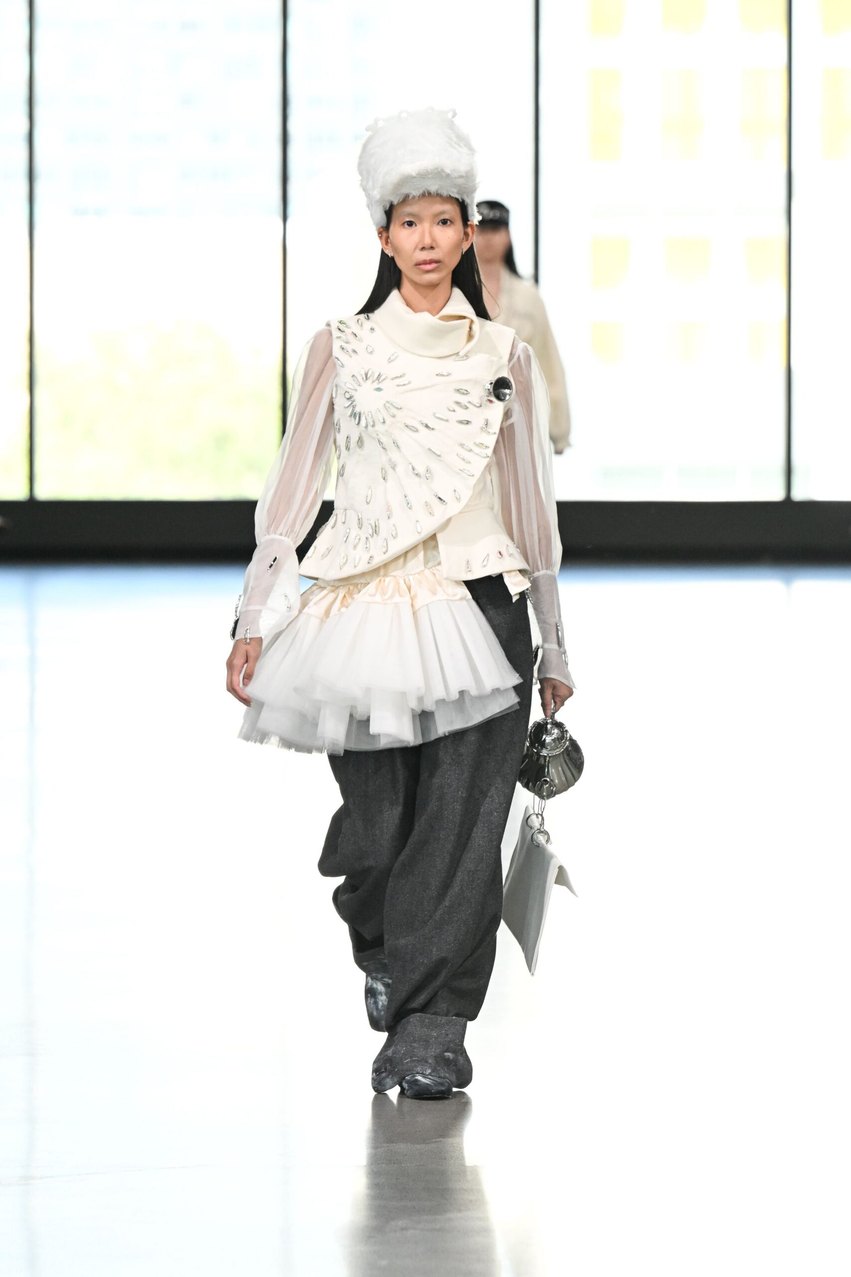 white silk long-sleeve collared fitted pleated embroidered top