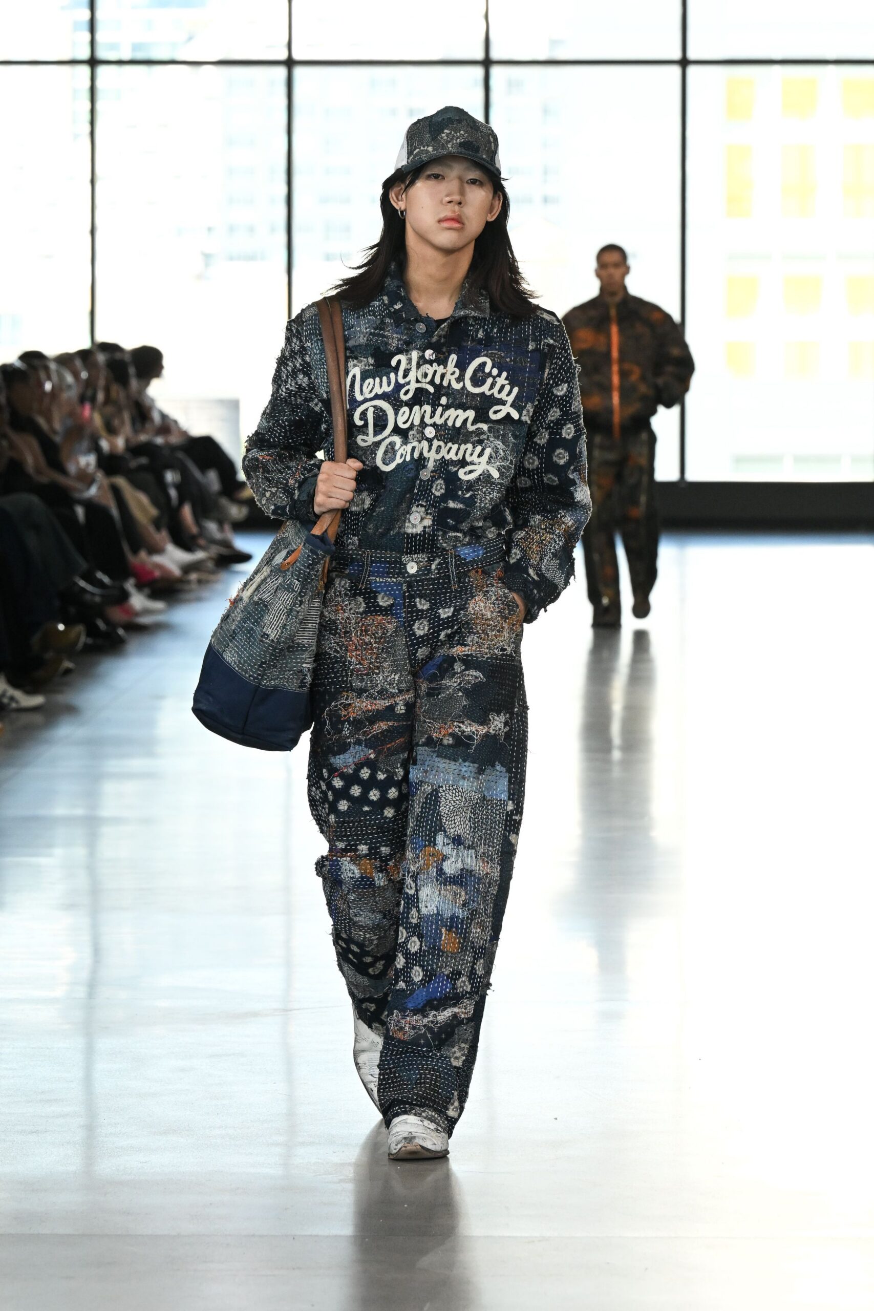 blue cotton long-sleeve collared relaxed printed jumpsuit