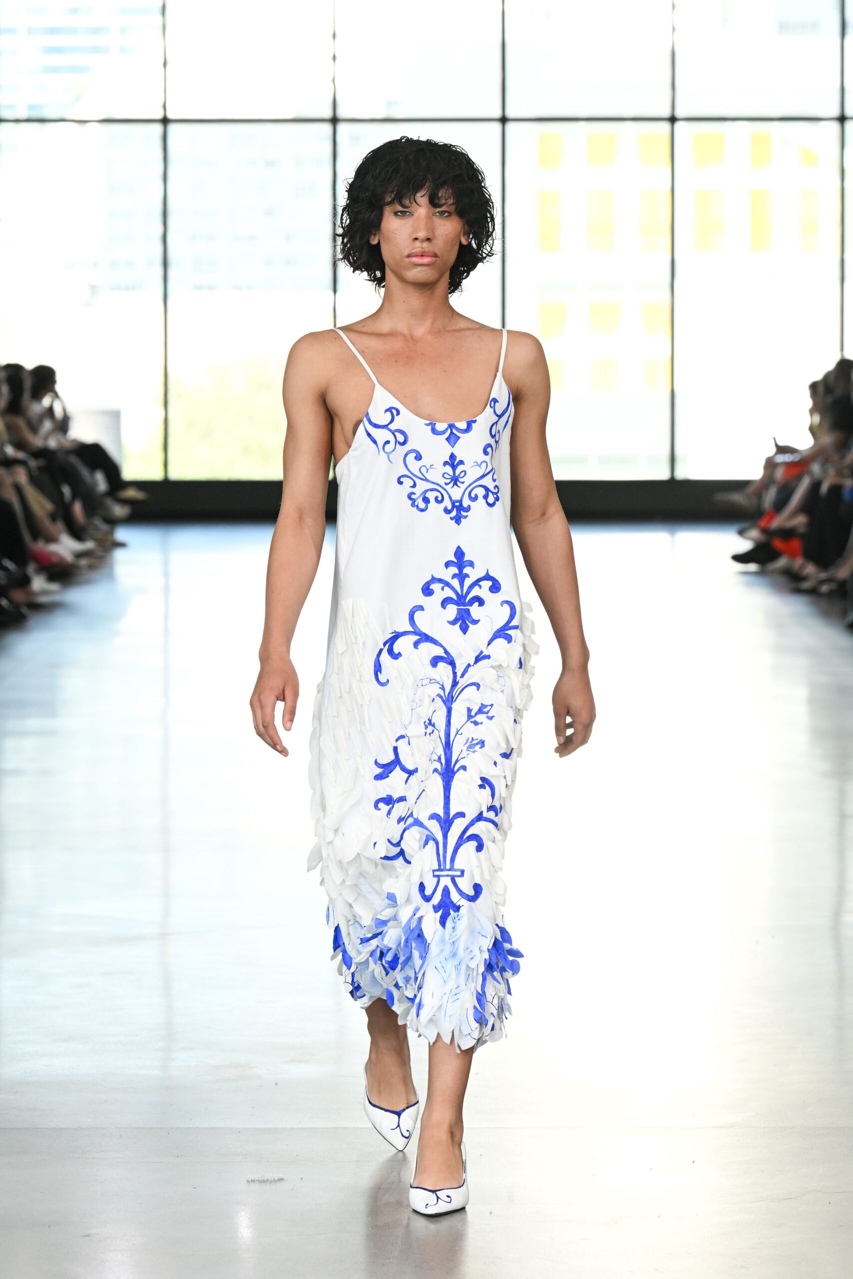 white silk sleeveless v-neck fitted embroidered tiered dress