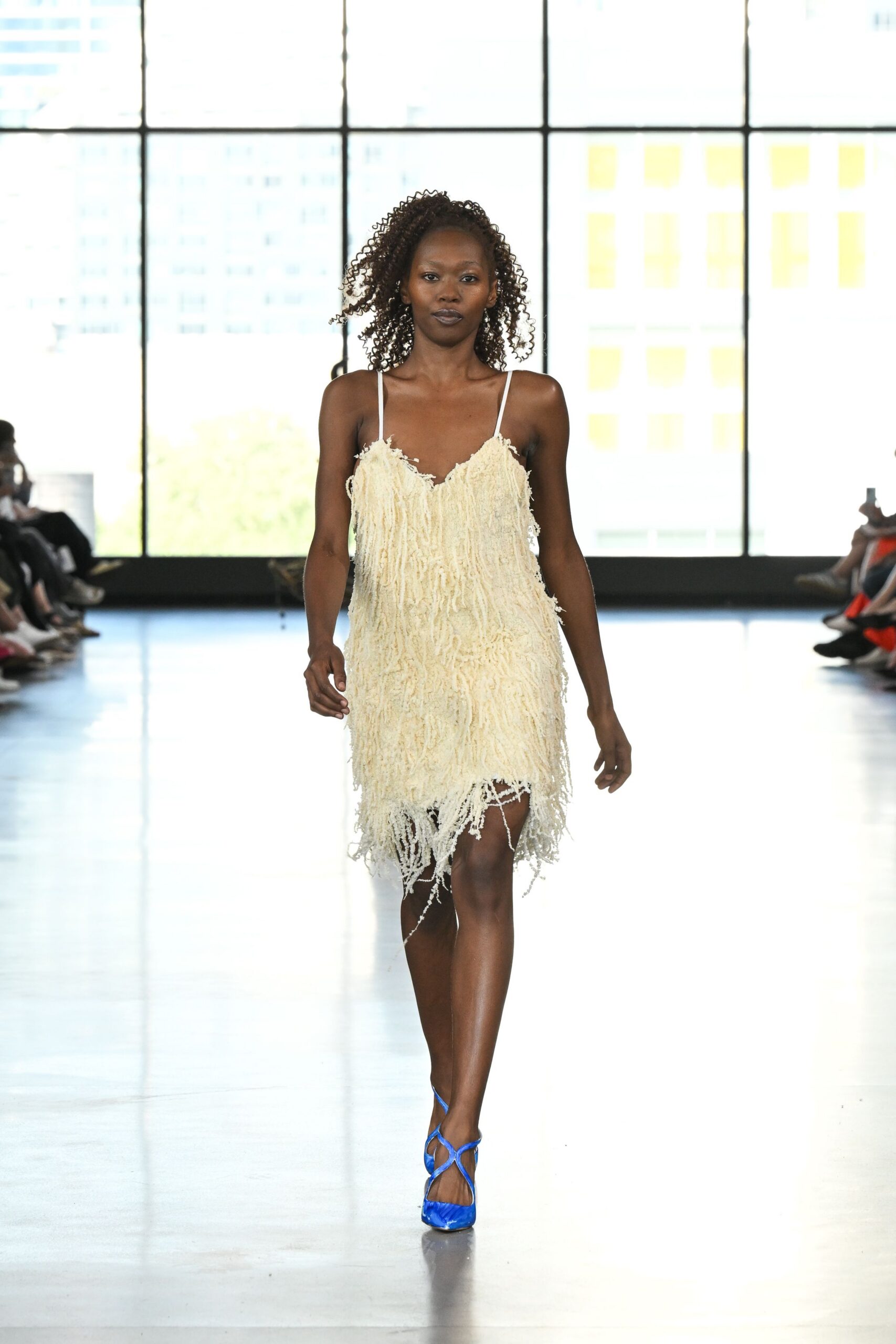 ivory silk sleeveless v-neck fitted fringed mini dress