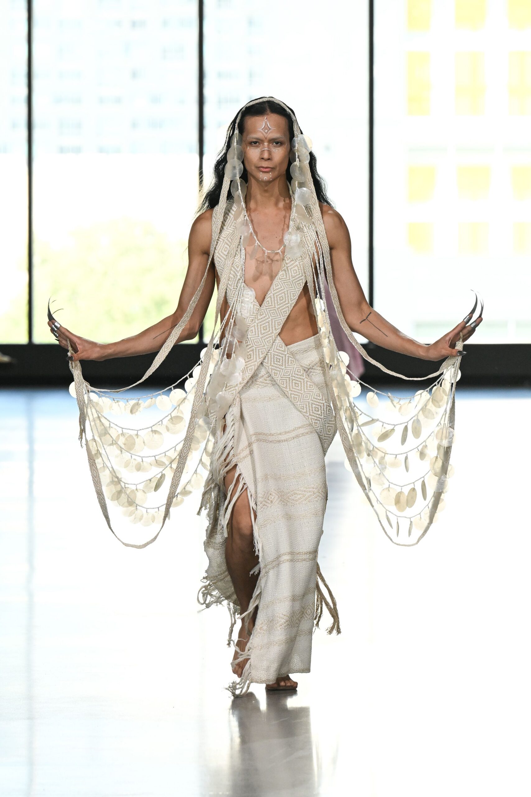 white pleated fringed dress