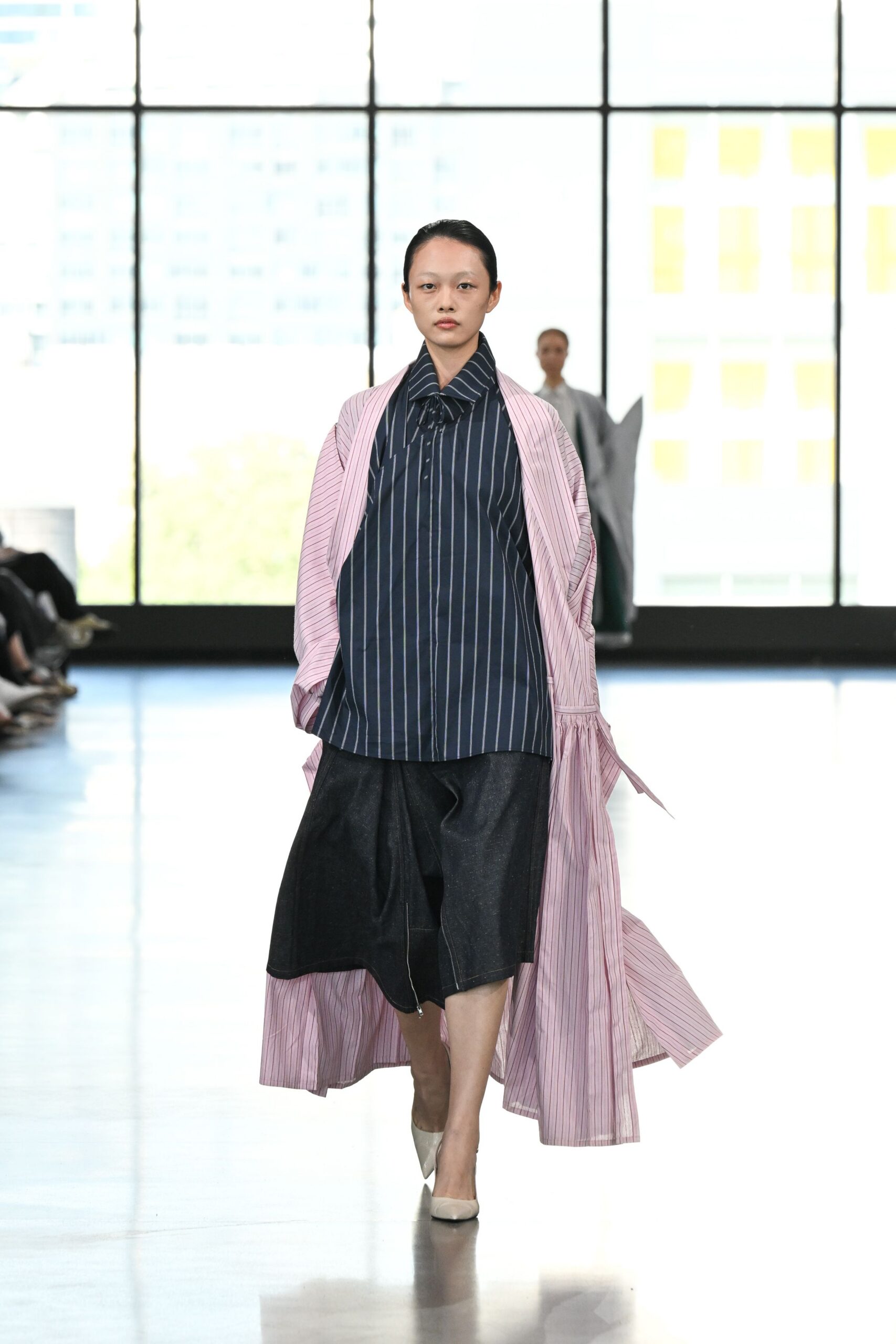 pink cotton long-sleeve collared relaxed striped midi coat