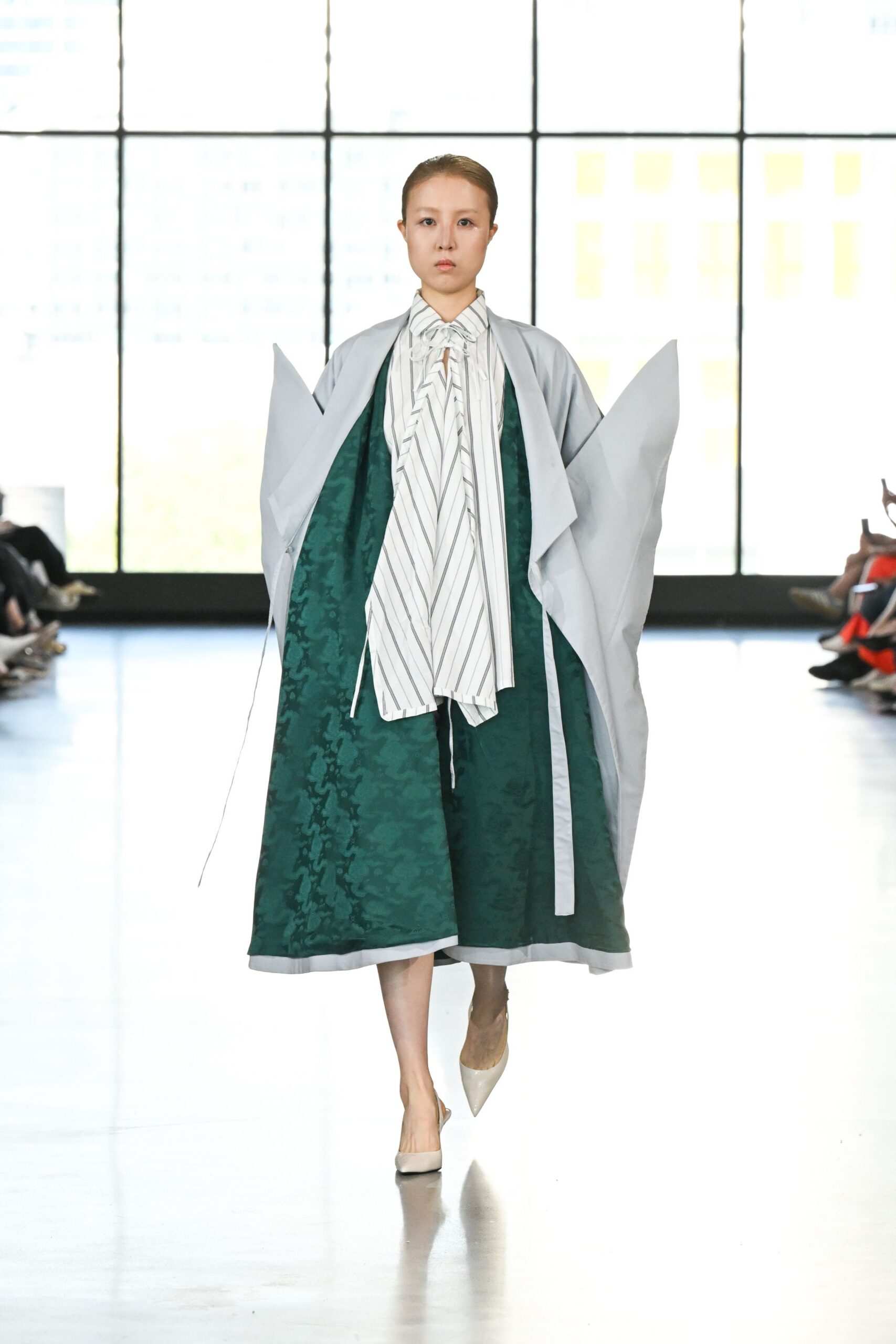 gray cotton long-sleeve relaxed draped coat