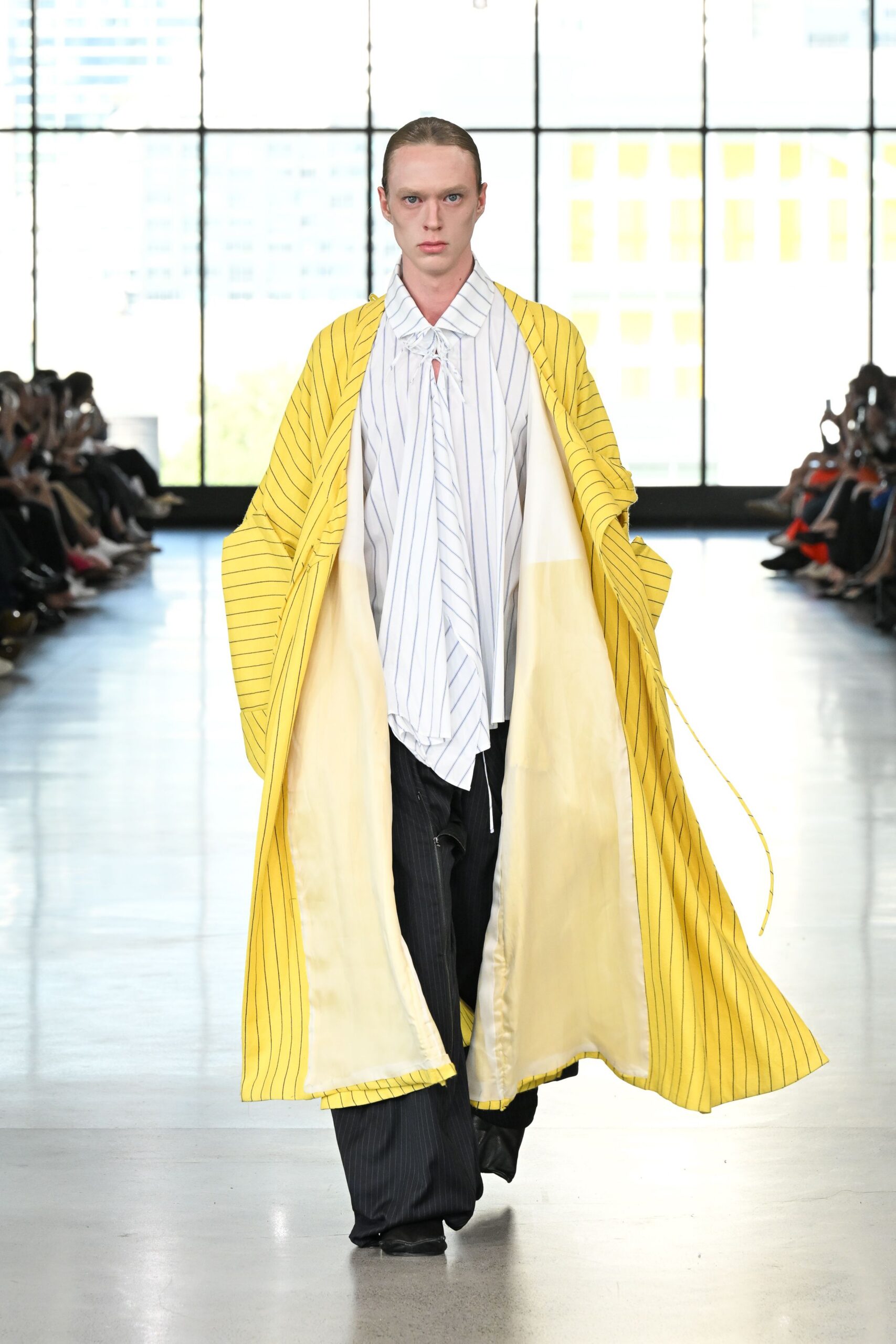 yellow cotton long-sleeve collared relaxed striped coat