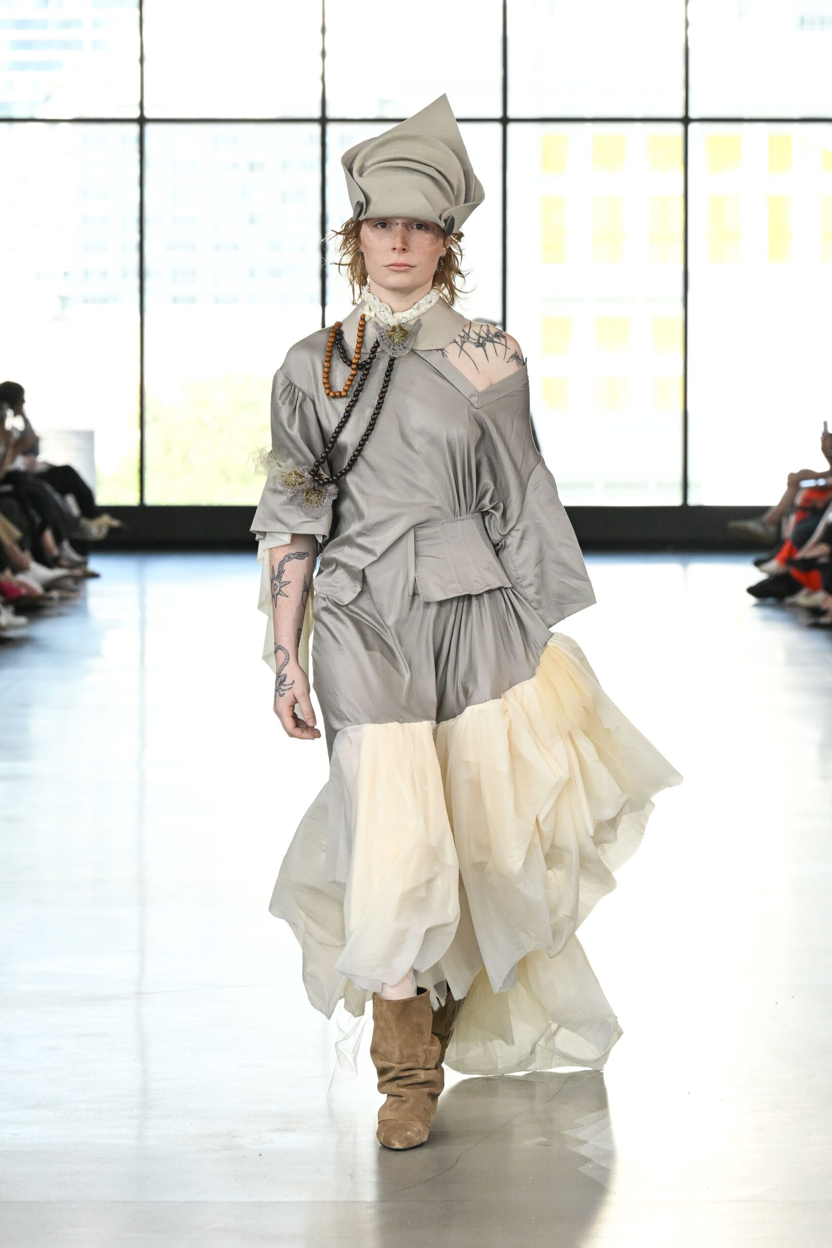 gray silk long-sleeve off-shoulder relaxed draped tiered dress