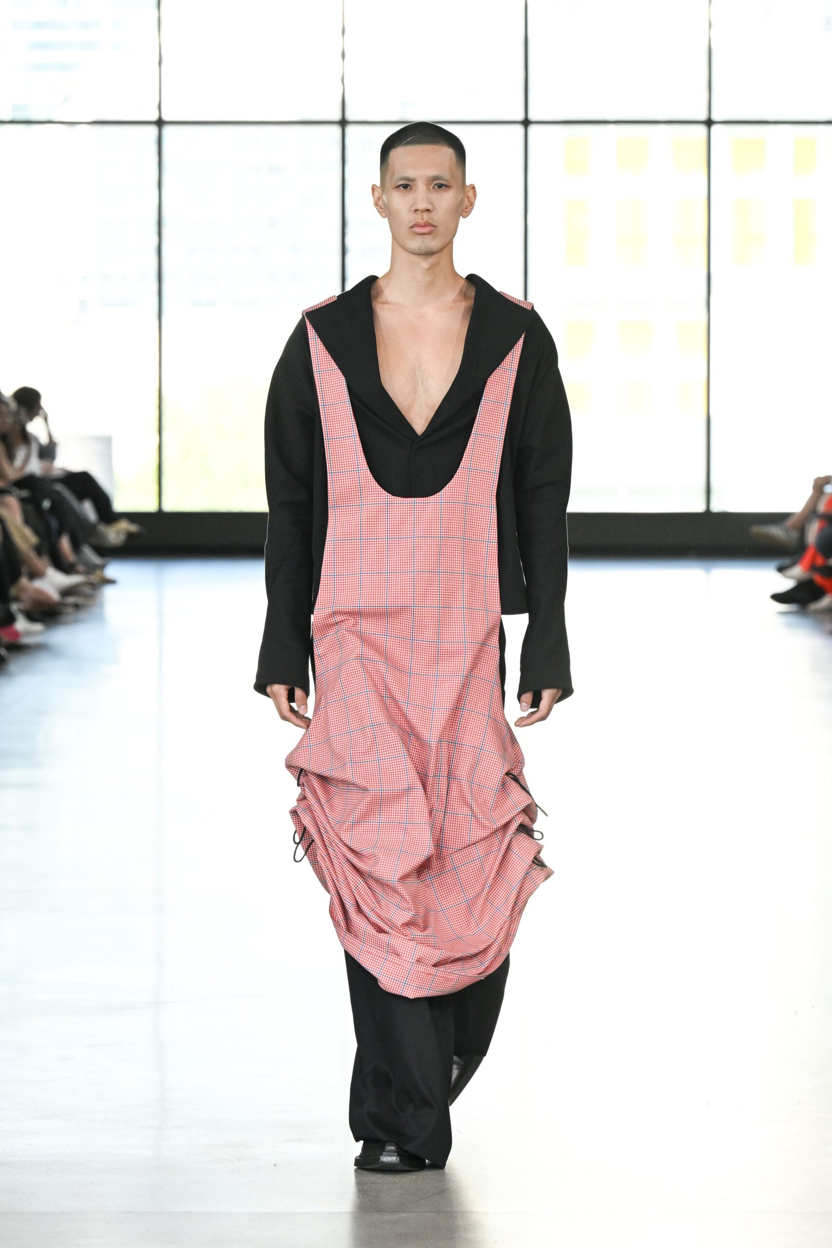 pink cotton long-sleeve v-neck relaxed pleated layered dress