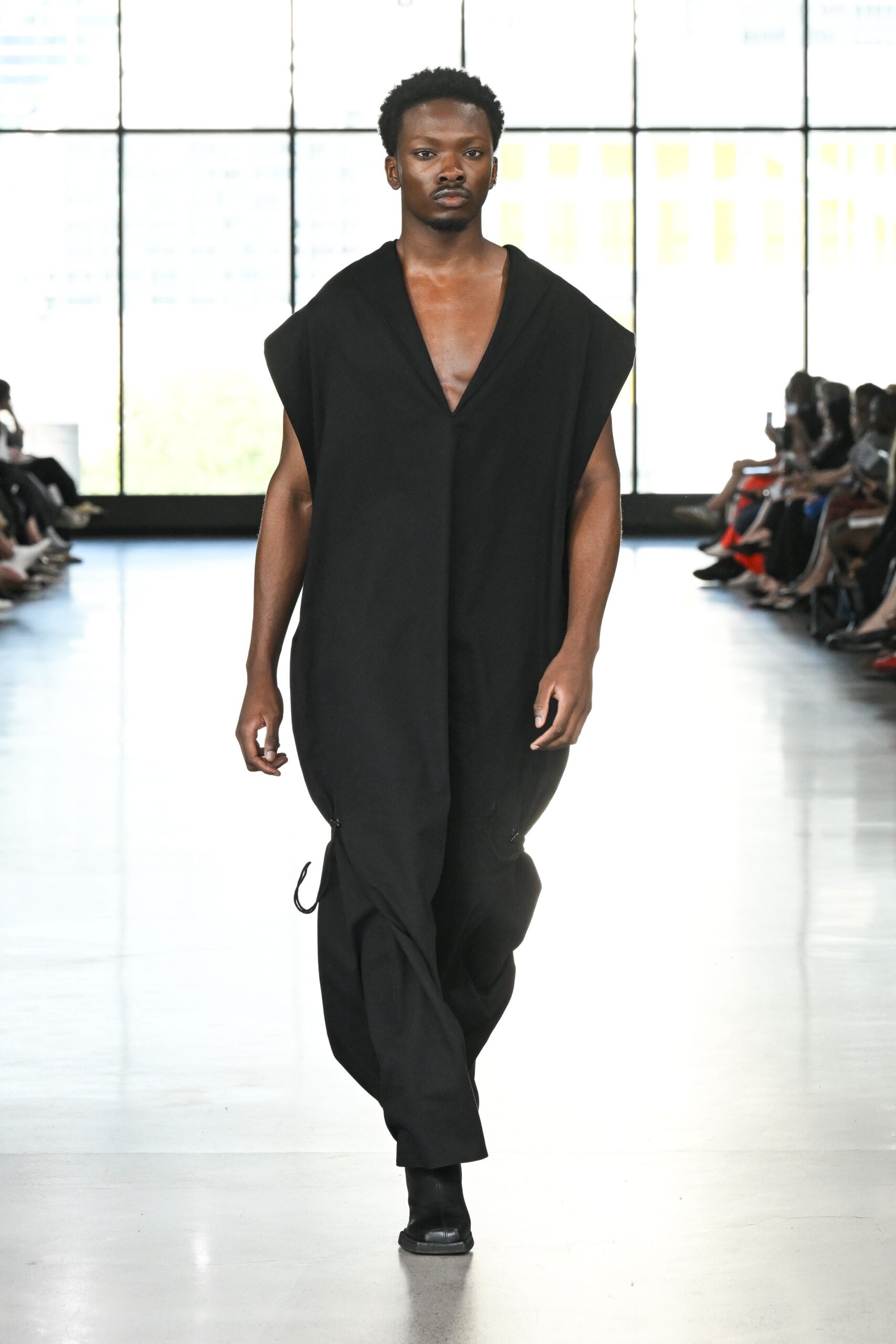black cotton sleeveless v-neck relaxed draped jumpsuit