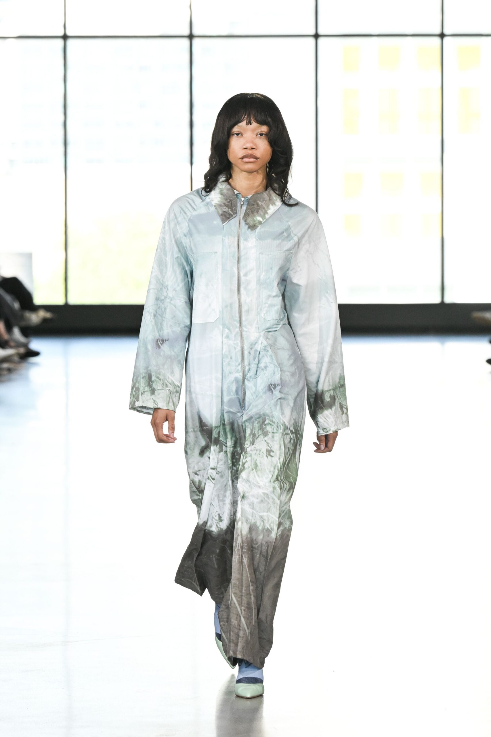 blue silk long-sleeve collared relaxed printed flowing dress