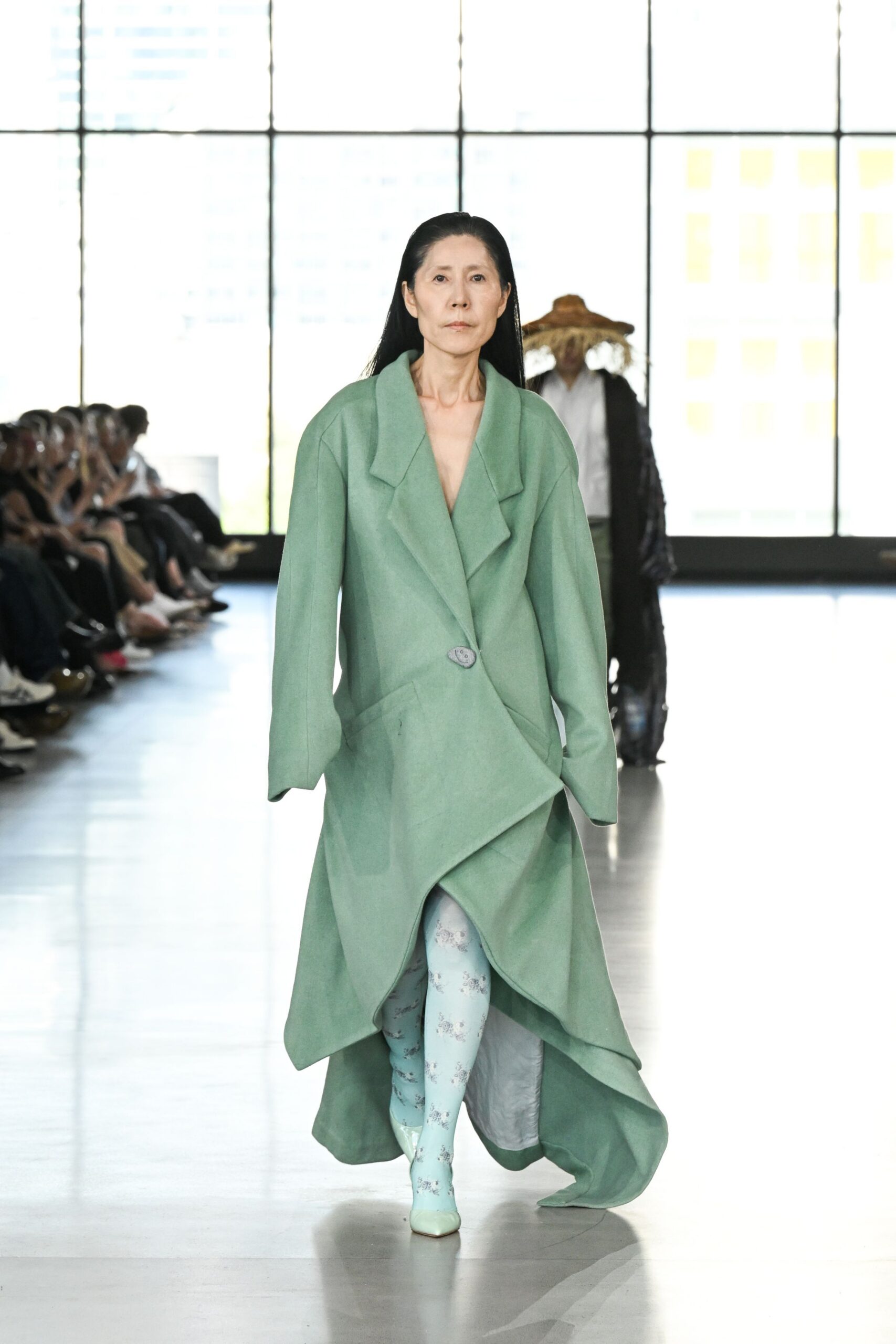 green cotton long-sleeve collared relaxed buttoned draped coat