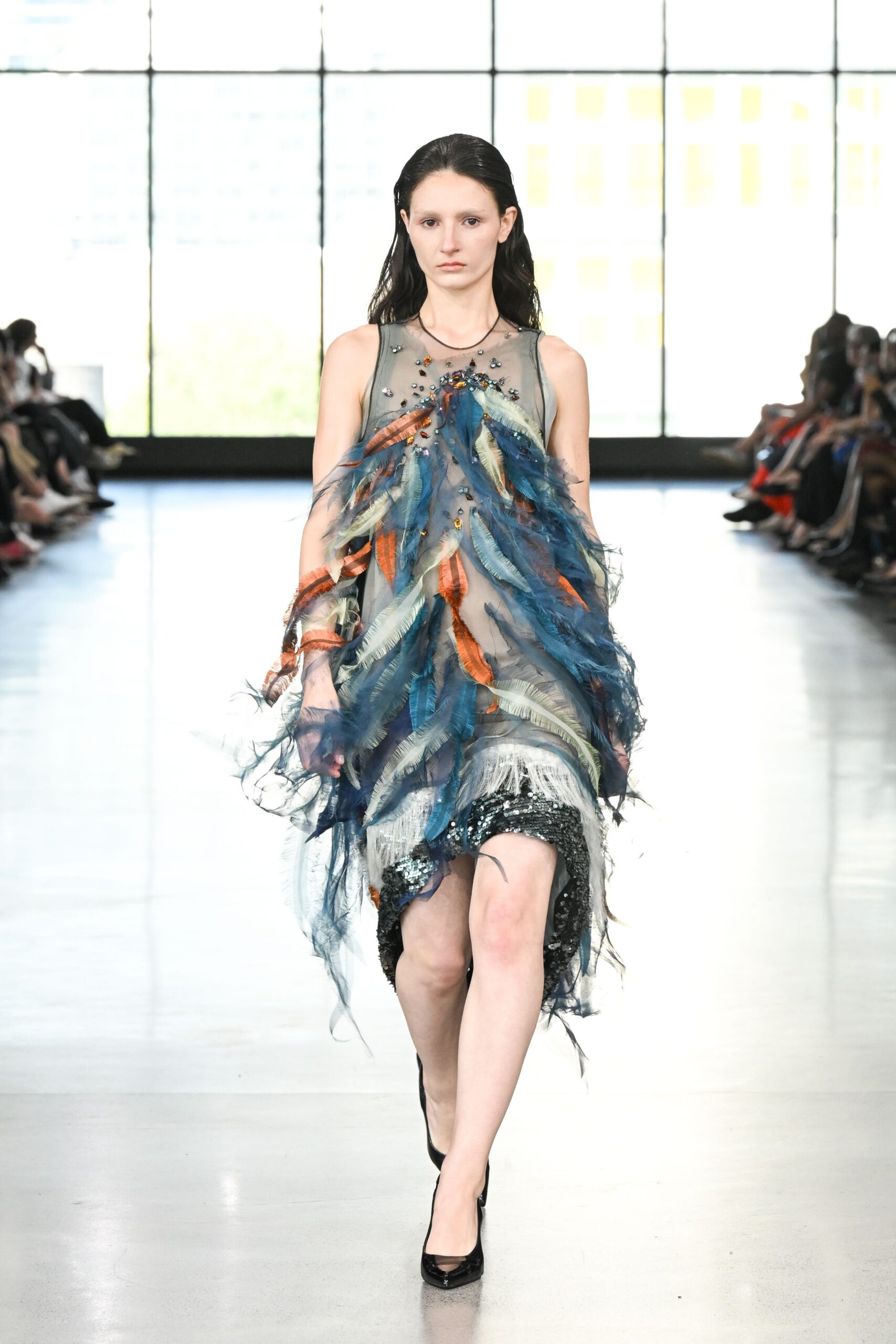 blue silk sleeveless v-neck fitted layered ruffled dress
