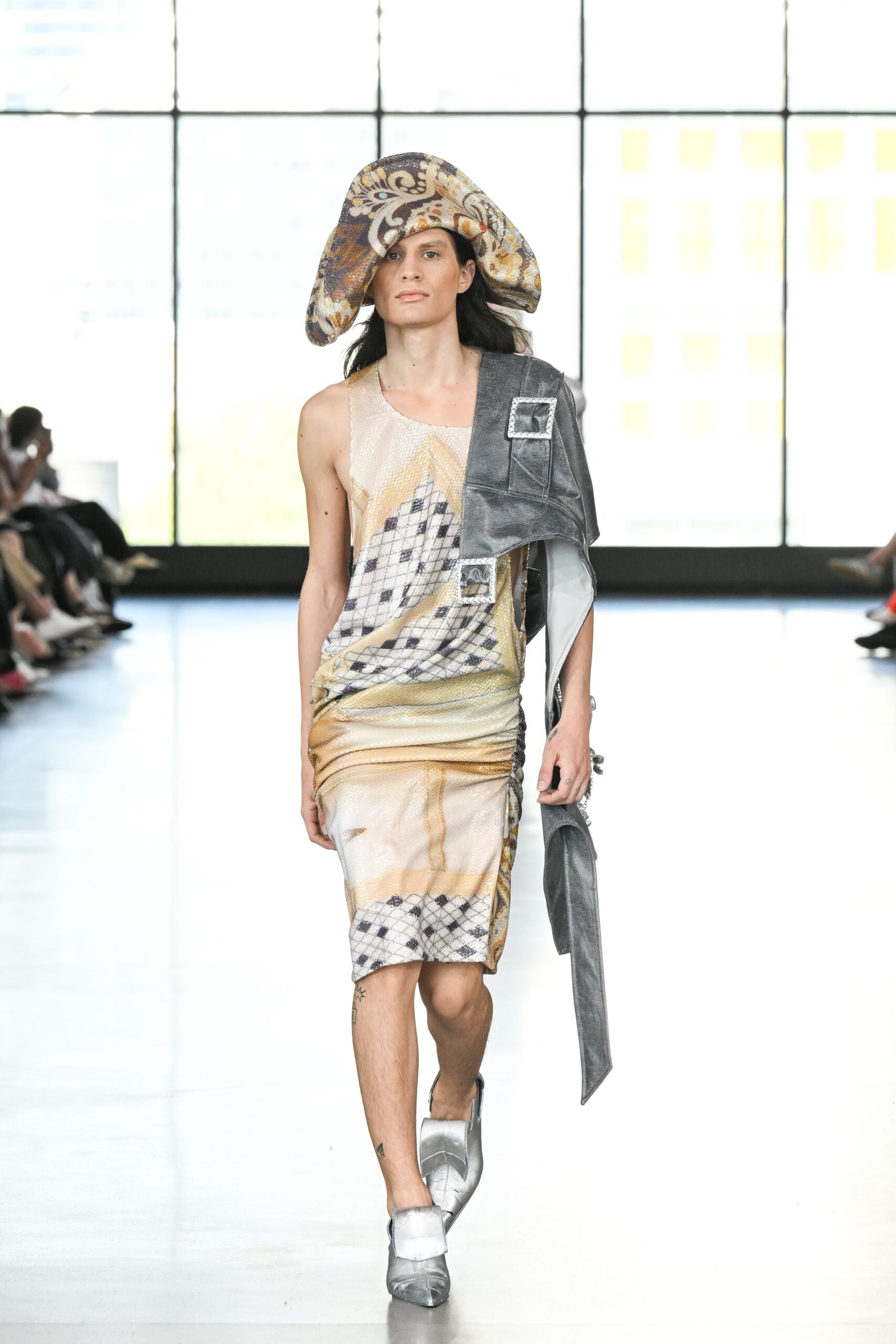 beige silk sleeveless v-neck fitted ruched printed dress