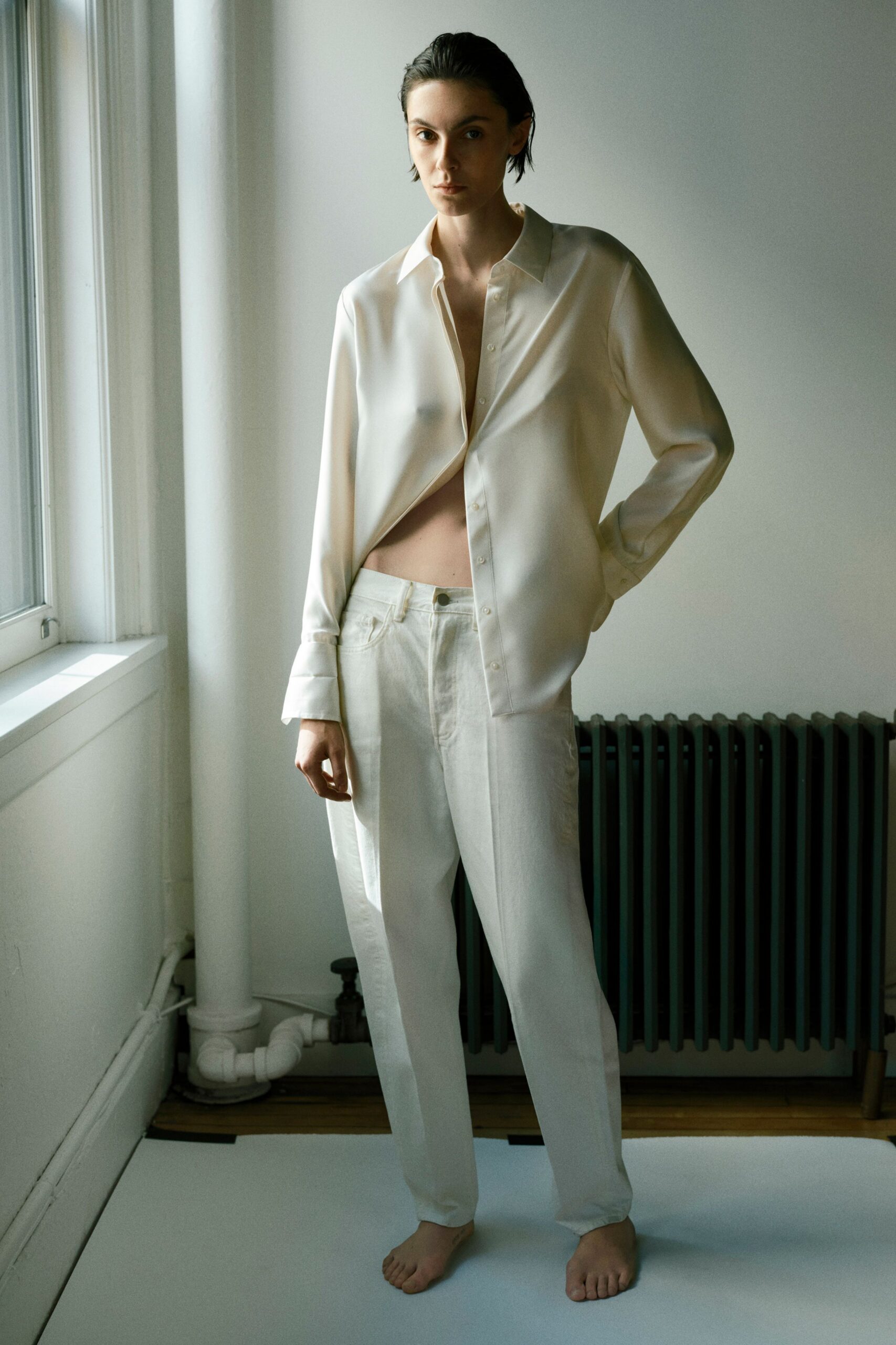 white silk long-sleeve collared relaxed shiny shirt